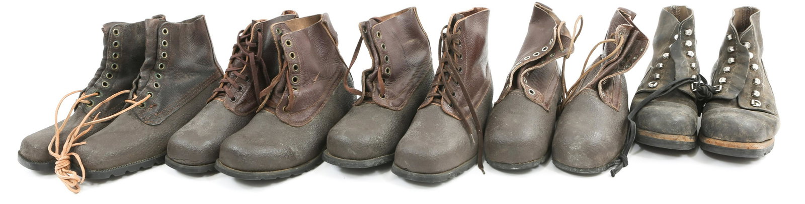 COLD WAR ERA SWEDISH MILITARY BOOTS LOT OF 5 PAIRS: COLD WAR ERA SWEDISH MILITARY BOOTS LOT OF 5 PAIRS Cold War era Swedish military leather boots, lot of 5 pairs. (3) Three pairs of 1959, 1964 and 1965 Swedish mountain / cold weather boots. (1) Black 