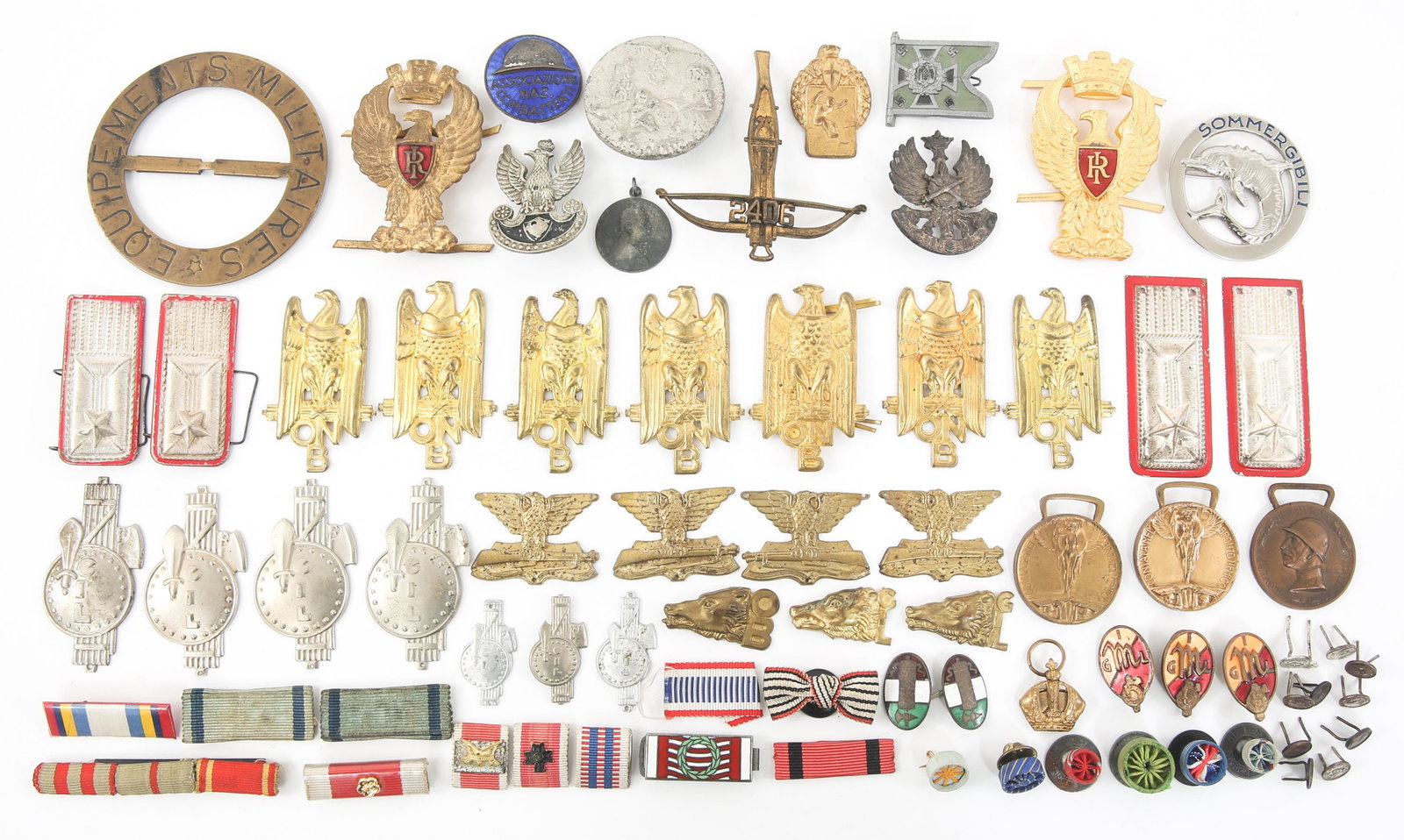 20TH C. WORLD MILITARY TINNIES & PINS LOT: 20TH C. WORLD MILITARY TINNIES & PINS LOT 20th C. World Military tinnies, pins, ribbon bars and badges lot. WWII German tinnies, WWII Italian medals, 2406 crossbow pin, ribbon bars, medal rosettes, an