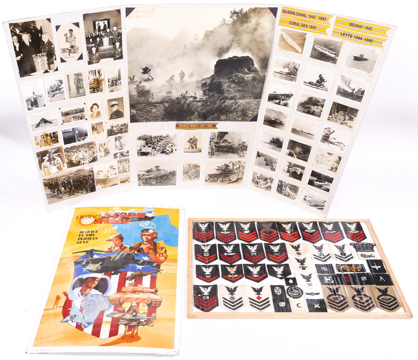 WWII TO DESERT STORM US POSTER PATCH & PHOTOS LOT: WWII TO DESERT STORM US POSTER PATCH & PHOTOS LOT WWII to Desert Storm US Military Posters, Patches, and Photographs Lot of 3. (1) Desert Storm / Desert Shield -- Service in the Persian Gulf Poster by