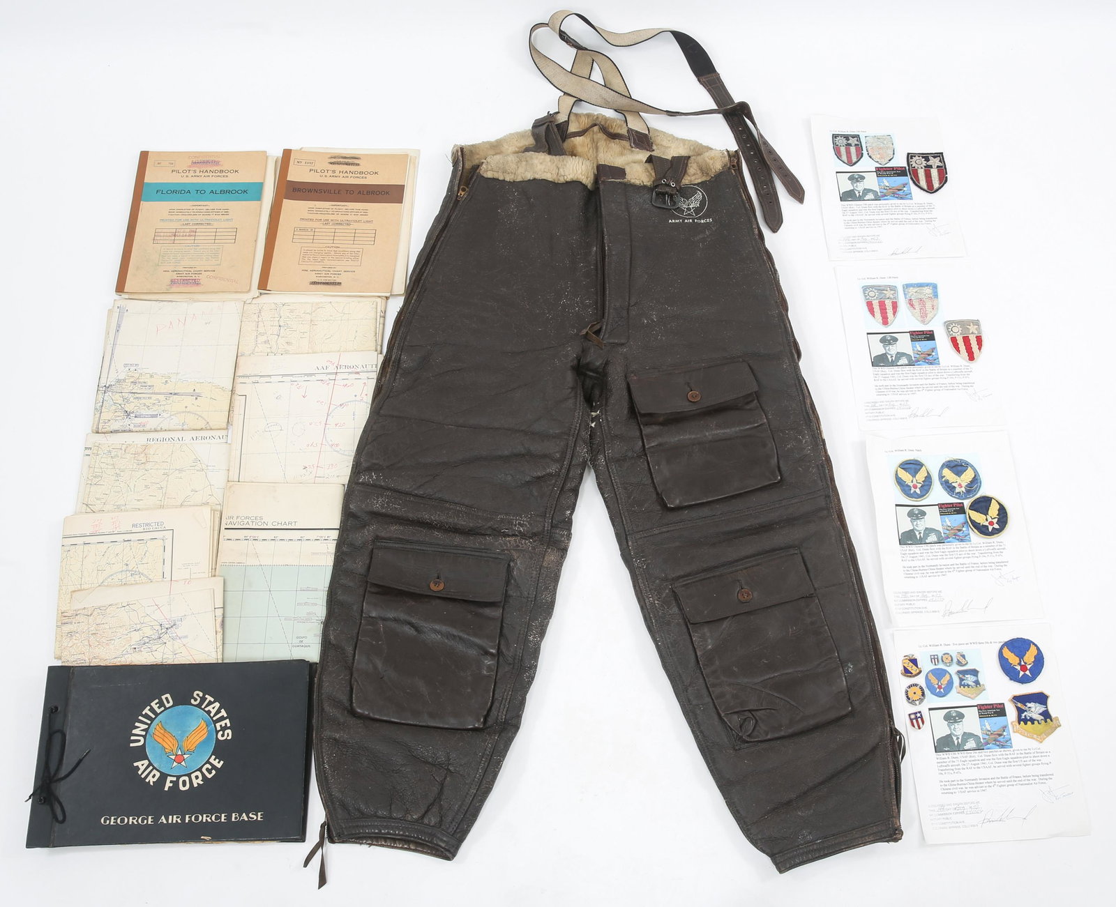 WWII USAAF AVIATION CHARTS, PATCHES & TROUSERS LOT: WWII USAAF AVIATION CHARTS, PATCHES & TROUSERS LOT WWII USAAF aviation aeronautical charts, patches, and trousers. RAF / USAF WWII Ace Lt. Col. William R. Dunn CBI, USAAF, & 51st Operations Group patc
