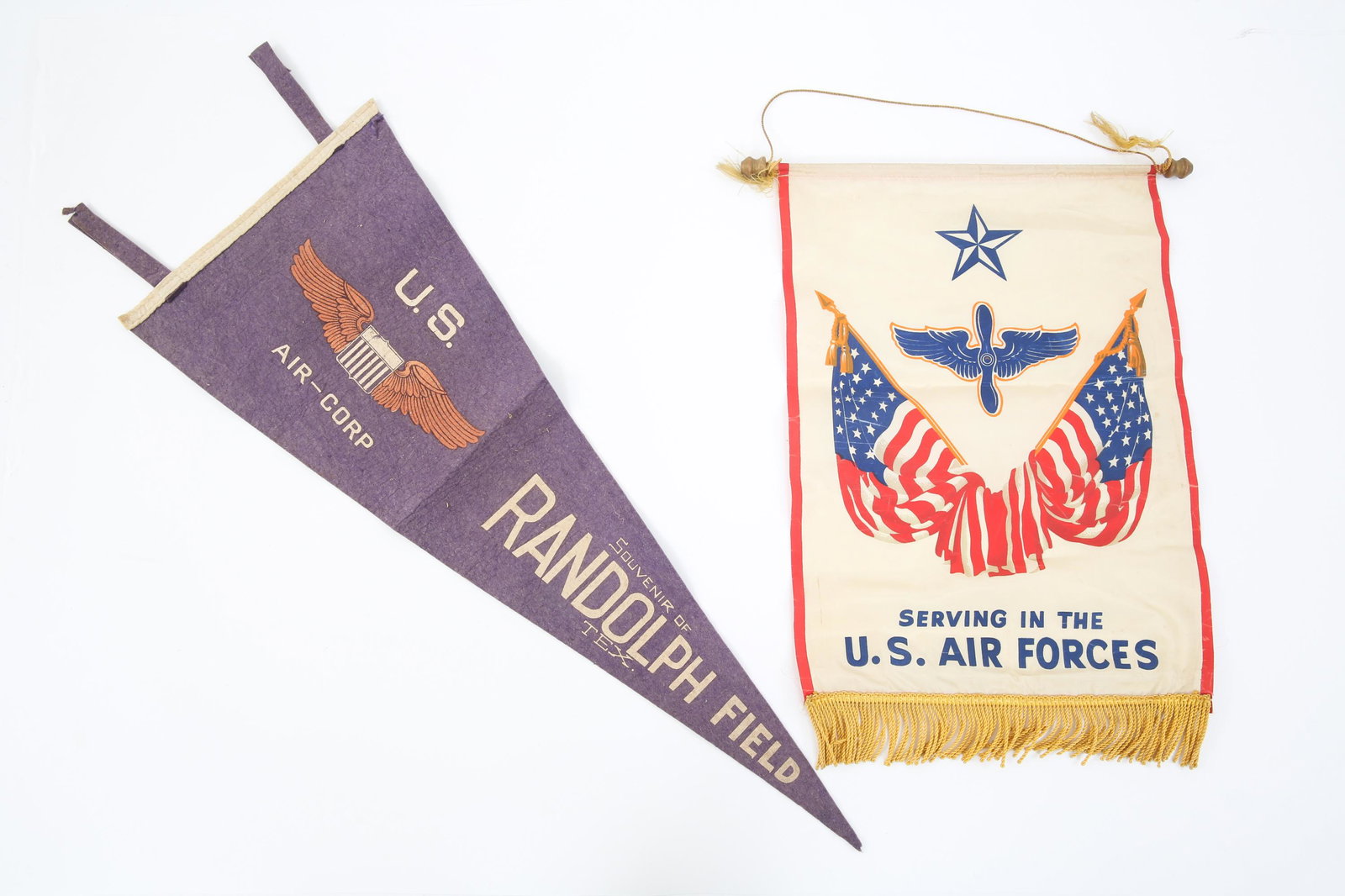 20TH C. USAF FLAG & BANNER SOUVENIRS LOT OF 2: 20TH C. USAF FLAG & BANNER SOUVENIRS LOT OF 2 20th Century US Air Force flag and banner souvenirs lot of 2. (1) Painted silk service flag, tassels. (1) US Air-Corp Souvenir of Randolph Field Tex.