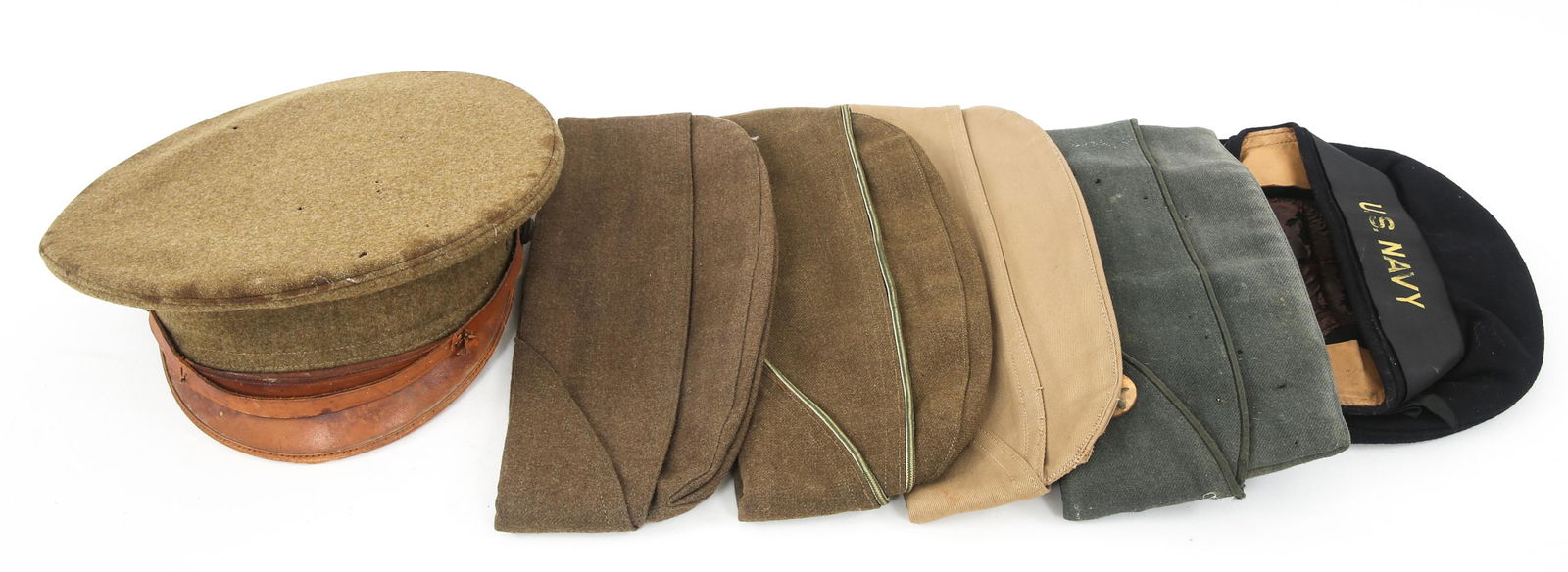 WWI TO COLD WAR US ARMED FORCES HATS LOT OF 6: WWI TO COLD WAR US ARMED FORCES HATS LOT OF 6 WWI To Cold War era US Armed Forces Hats Lot of 6. Includes M1912 Army Officer Visor Cap, US Navy sailor's flat cap, khaki & OD Green wool overseas caps.