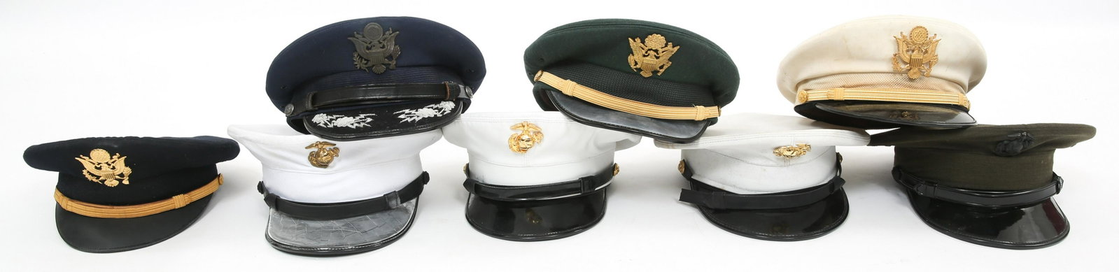 US MILITARY MULTI-BRANCH UNIFORM VISORS LOT: US MILITARY MULTI-BRANCH UNIFORM VISORS LOT US Military multi-branch uniform visors lot. USAF, US Army, and USMC visors.