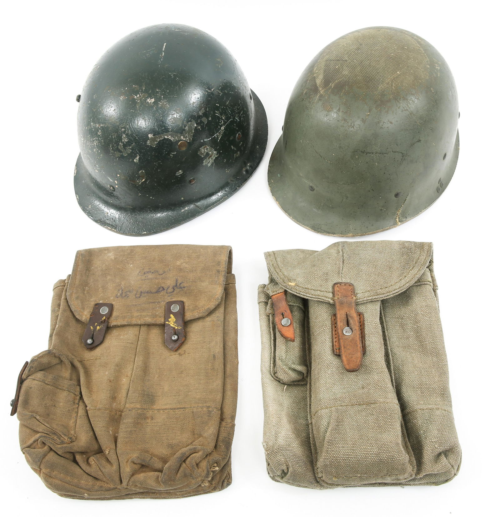 DESERT STORM IRAQI M80 HELMET & MAGAZINE POUCH LOT: DESERT STORM IRAQI M80 HELMET & MAGAZINE POUCH LOT Desert Storm, Vet bring back, Iraqi Army M80 combat helmets and ammo magazine web pouches, rifle sling. One of the helmets has been field modified wi