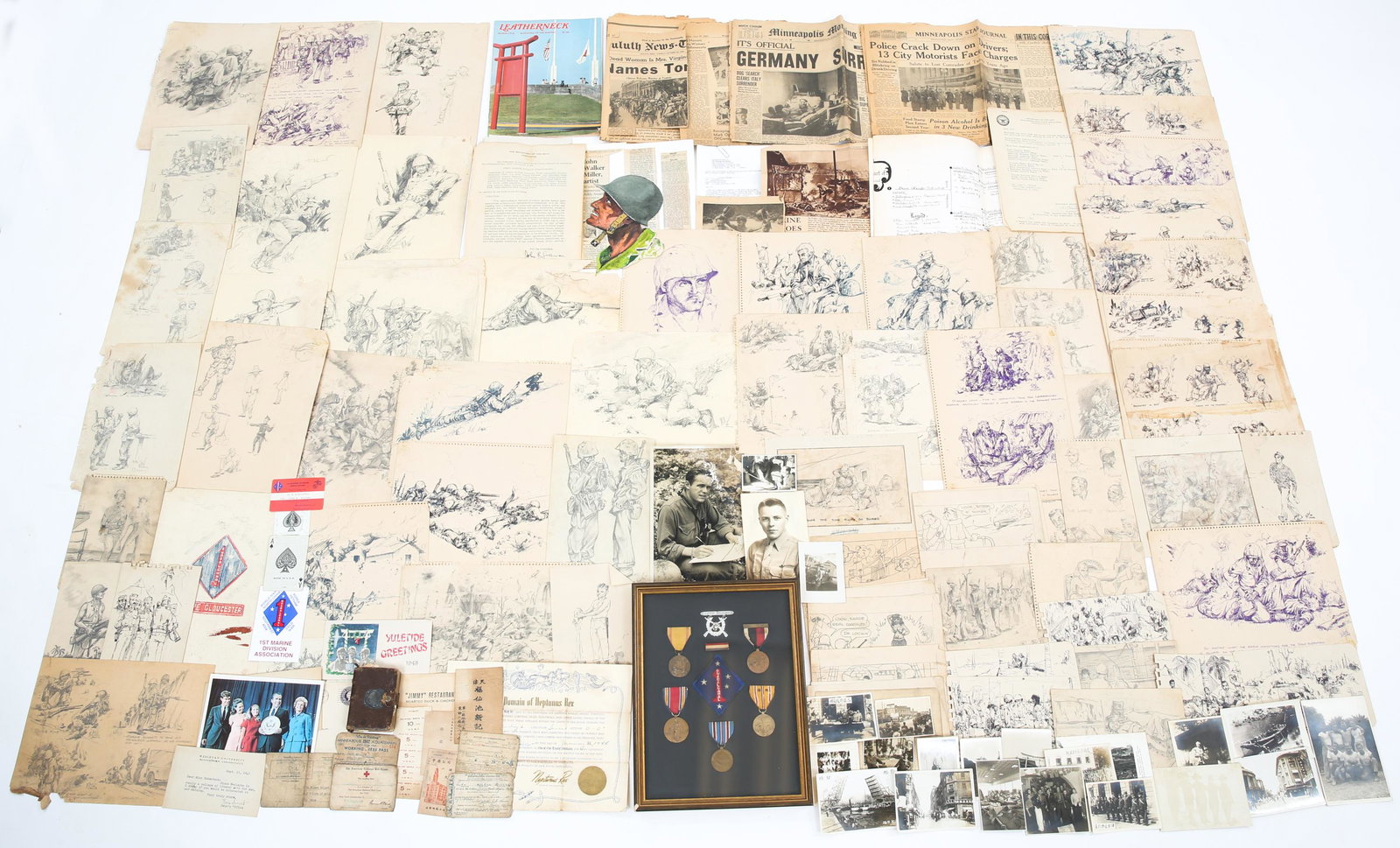 WWII USMC J.W. MILLER ARTISTIC & MILITARY ARCHIVE: WWII USMC J.W. MILLER ARTISTIC & MILITARY ARCHIVE Archive of WWII USMC Veteran & accomplished commercial artist. Signed, PFC John "Jack" Walker Miller (824115) 1st Signal Co. HQ BN. 1st Marine "Guadal