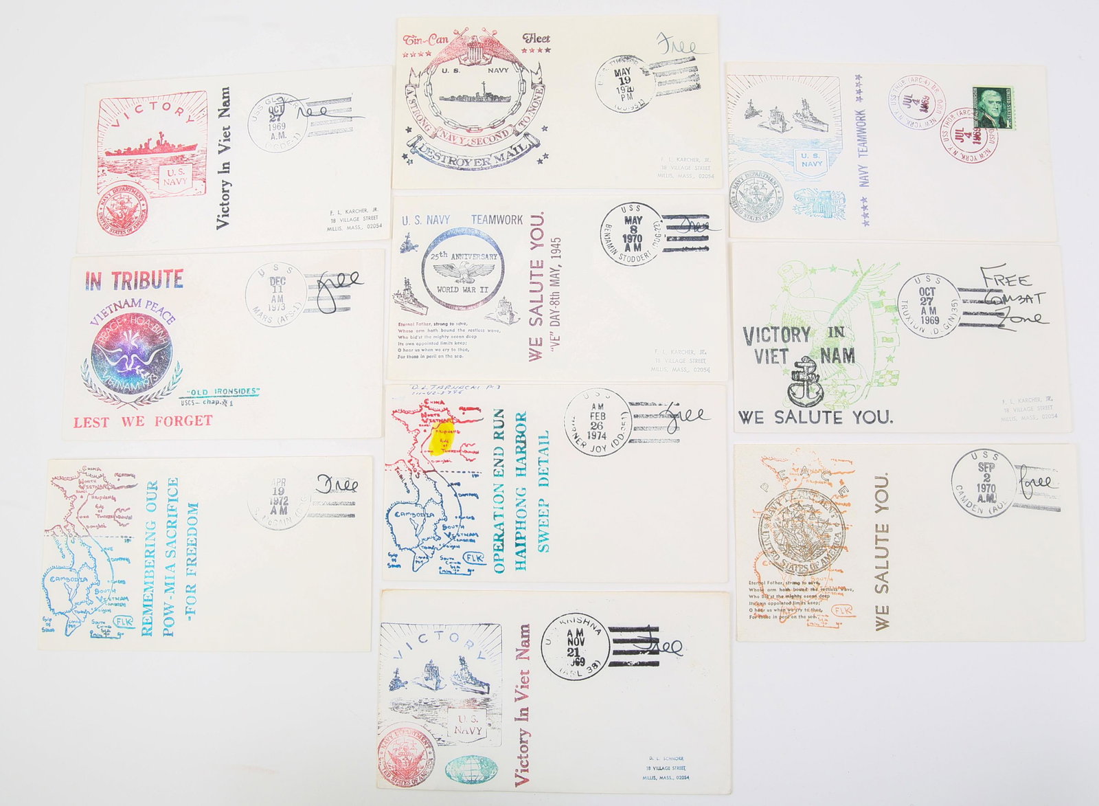 US NAVY VIETNAM STAMPED & DATED MAIL ENVELOPES: US NAVY VIETNAM STAMPED & DATED MAIL ENVELOPES United States Military, US Navy Vietnam war stamped and dated envelopes with various decorative US Naval stamps POW MIA, Operation End Run Haiphong Harbo