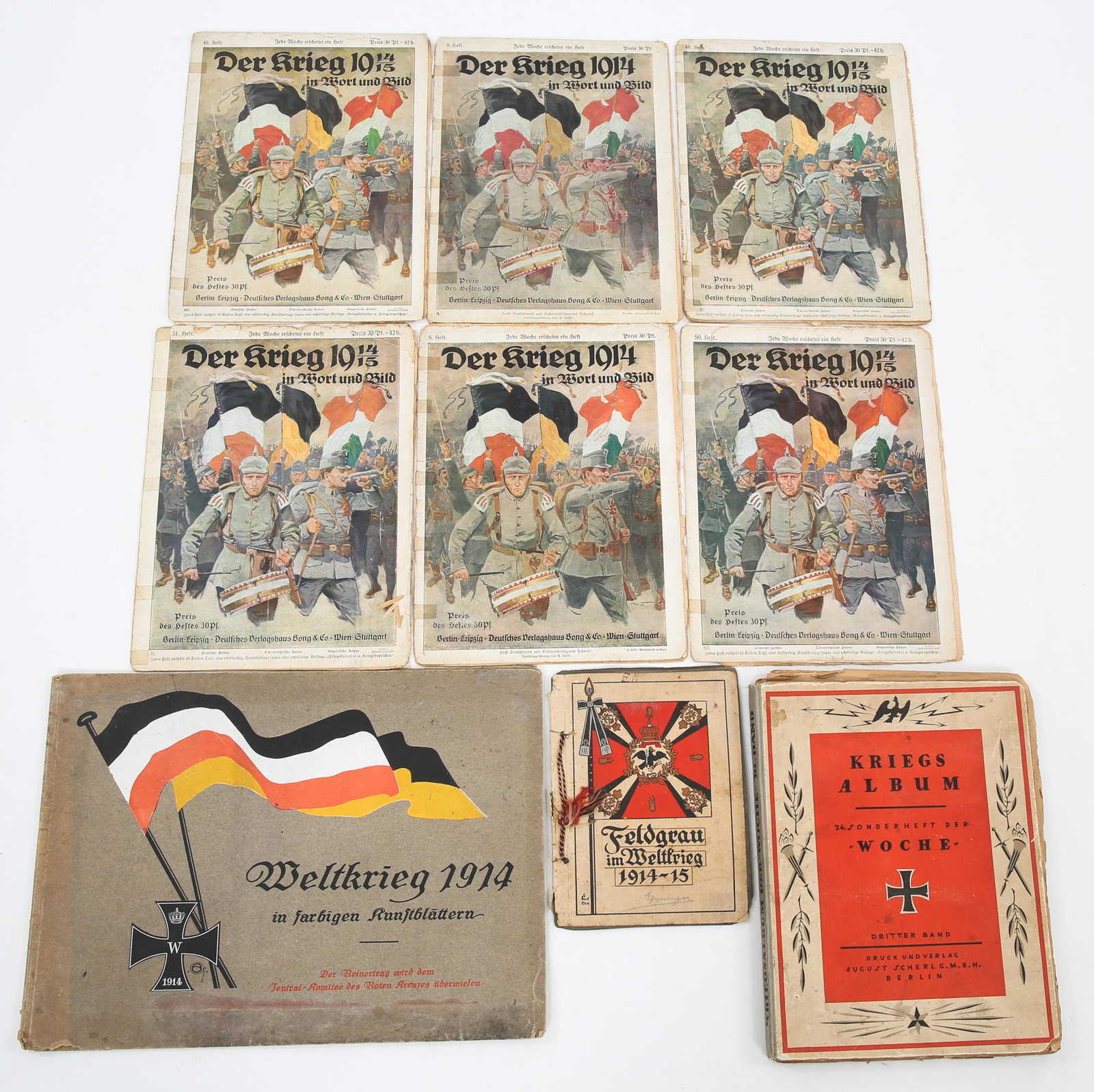 WWI GERMAN MILITARY BOOKS EPHEMERA & PERIODICALS: WWI GERMAN MILITARY BOOKS EPHEMERA & PERIODICALS WWI German Militaria books, ephemera, & periodicals lot. (1) Kriegs album, Book title in German translates to "Kriegs album special edition of the week