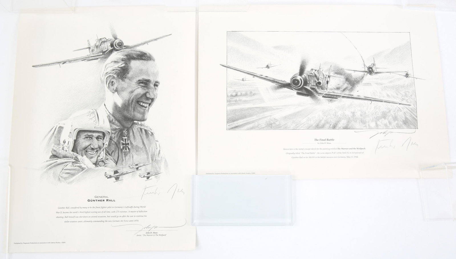 WWII MILITARY AVIATION SIGNED PRINTS LOT OF 2: WWII MILITARY AVIATION SIGNED PRINTS LOT OF 2 Military aviation prints signed by John D. Shaw lot of 2. (1) "The Final Battle" by John D. Shaw, depicting Gunther Rall in his Me109 in pursuit. (1) "Gen