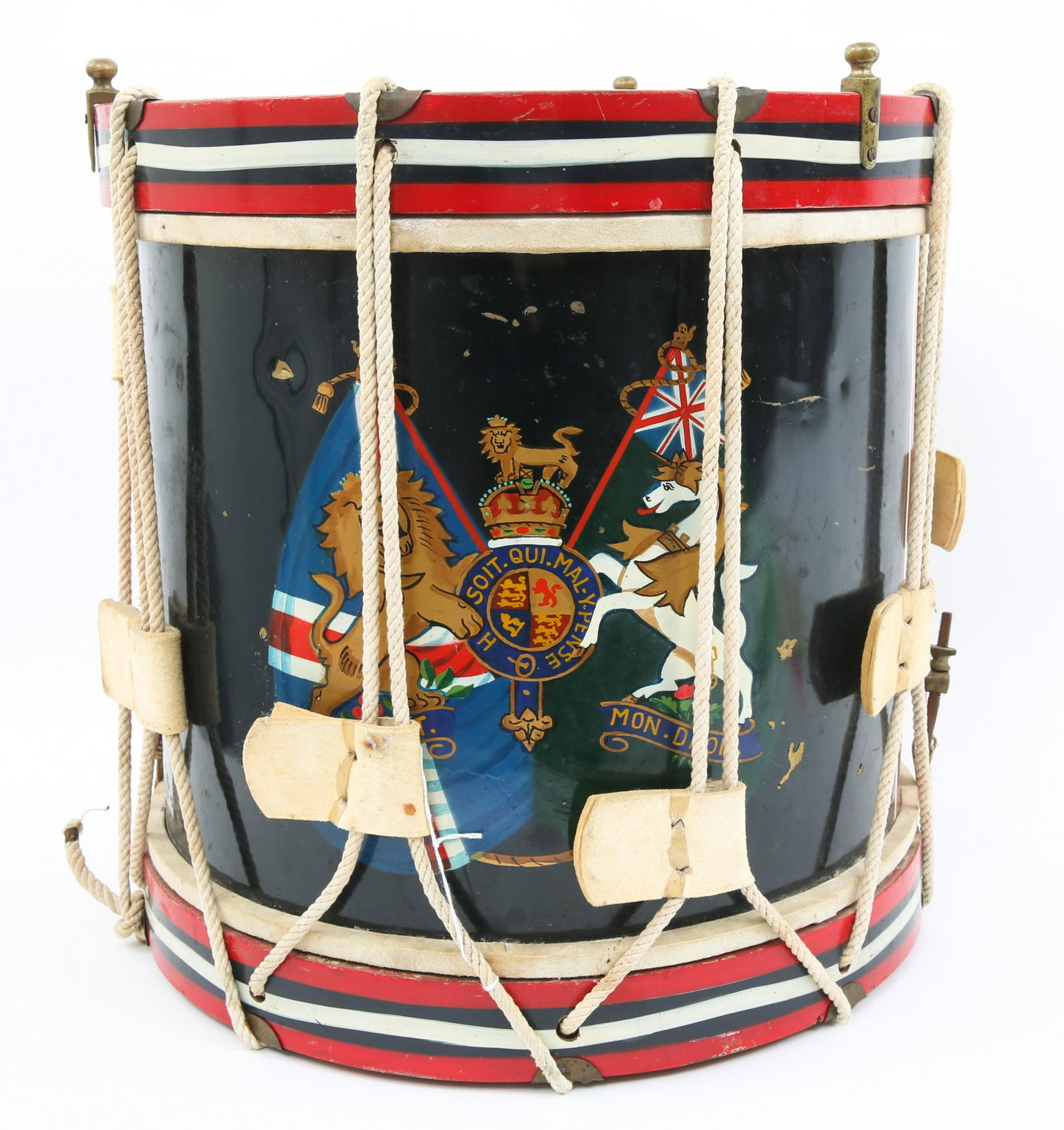 WWII - COLD WAR BRITISH REGIMENTAL PAINTED DRUM: WWII - COLD WAR BRITISH REGIMENTAL PAINTED DRUM WWII - Cold War British Army regimental drum. Painted brass shell with hide skin drum heads. Size: 15" x 15" Diam