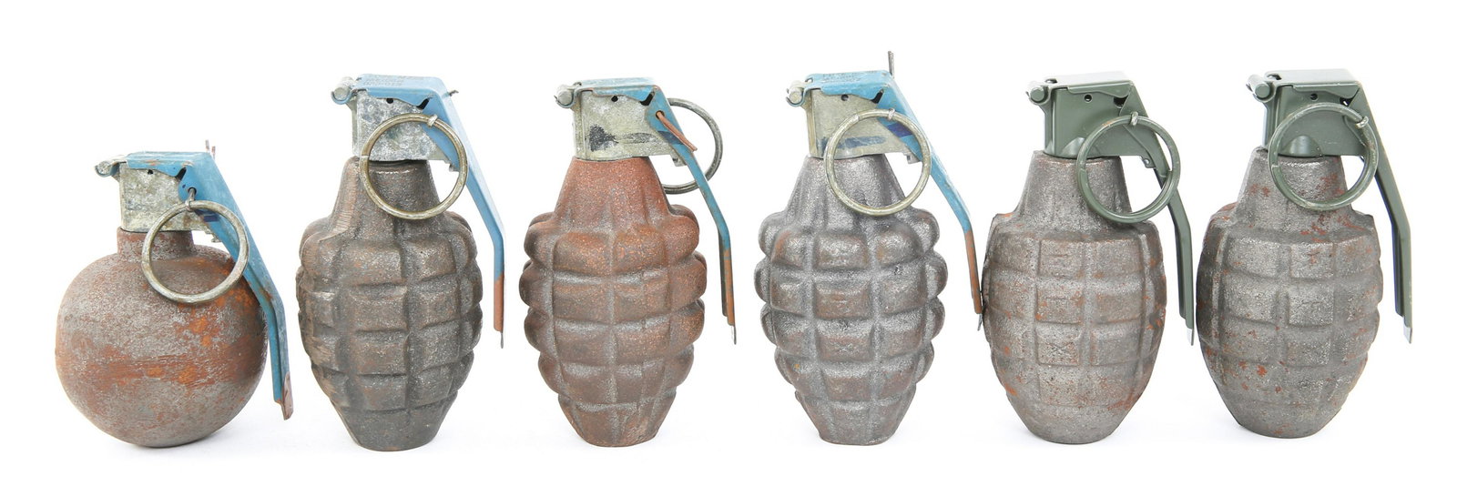 US ARMY M228 FUZE GRENADES INERT LOT OF 6: US ARMY M228 FUZE GRENADES INERT LOT OF 6 Lot of 6 M228 Fuze inert and reproduction grenades, various configurations mostly pineapple, including one baseball grenade.