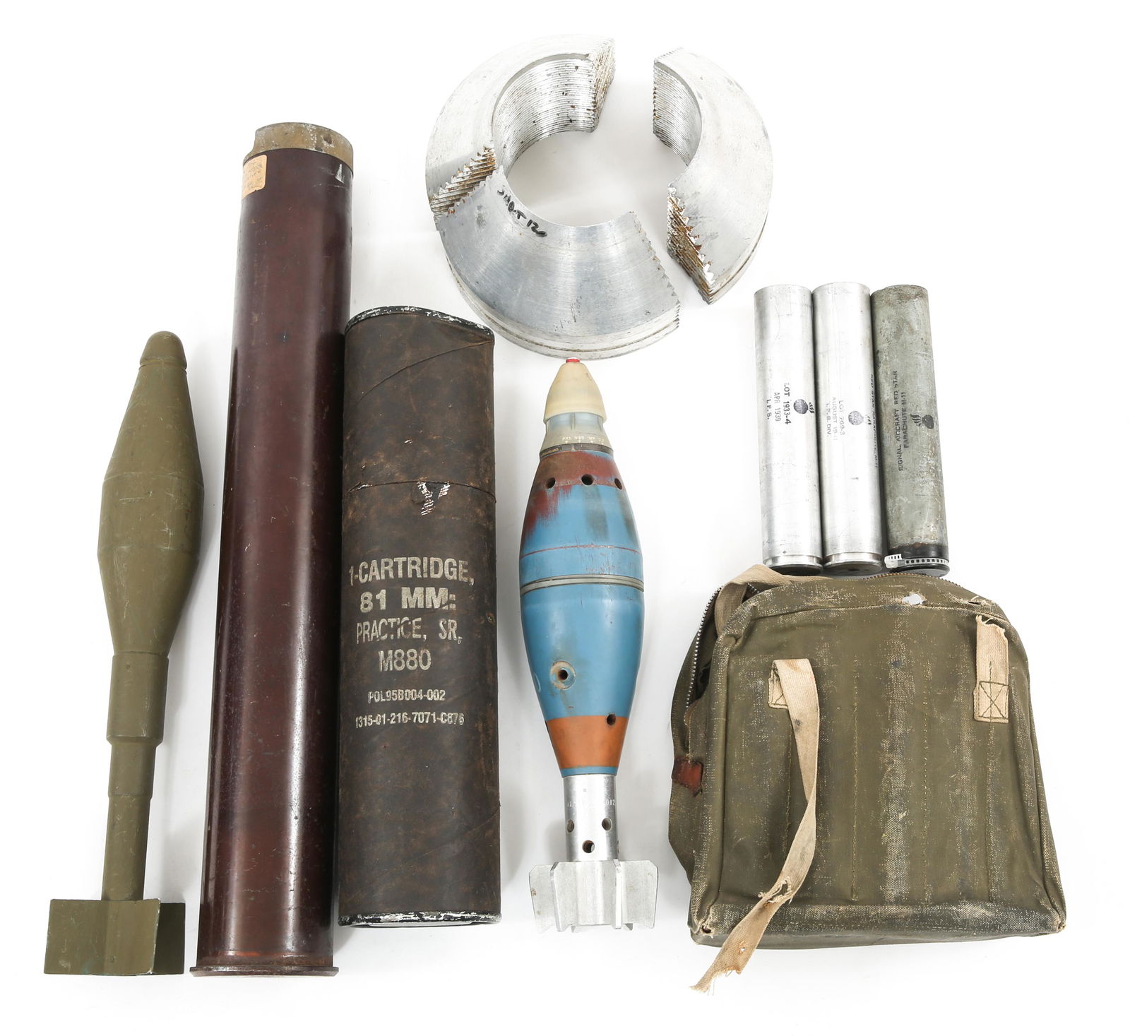 WWII TO COLD WAR US & WORLD MILITARY ORDNANCE LOT: WWII TO COLD WAR US & WORLD MILITARY ORDNANCE LOT Cold War era US & world military ordnance lot (inert). (1) 81mm practice SR (Short Range) mortar in original cylindrical box that measures 15.25" in l
