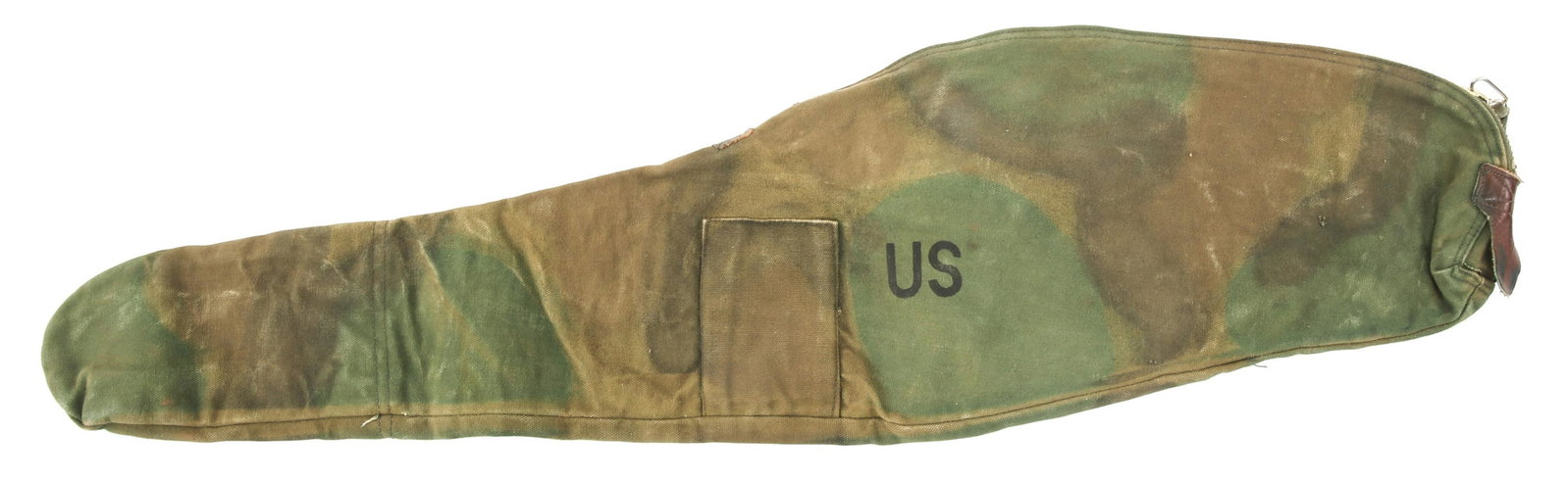 WWII US ARMY M1 CARBINE CAMO PAINTED CANVAS CASE: WWII US ARMY M1 CARBINE CAMO PAINTED CANVAS CASE WWII US Army M1 Carbine canvas carrying case. War time painted with the Pathfinder type camouflage pattern. Shoulder strap is also camo painted.