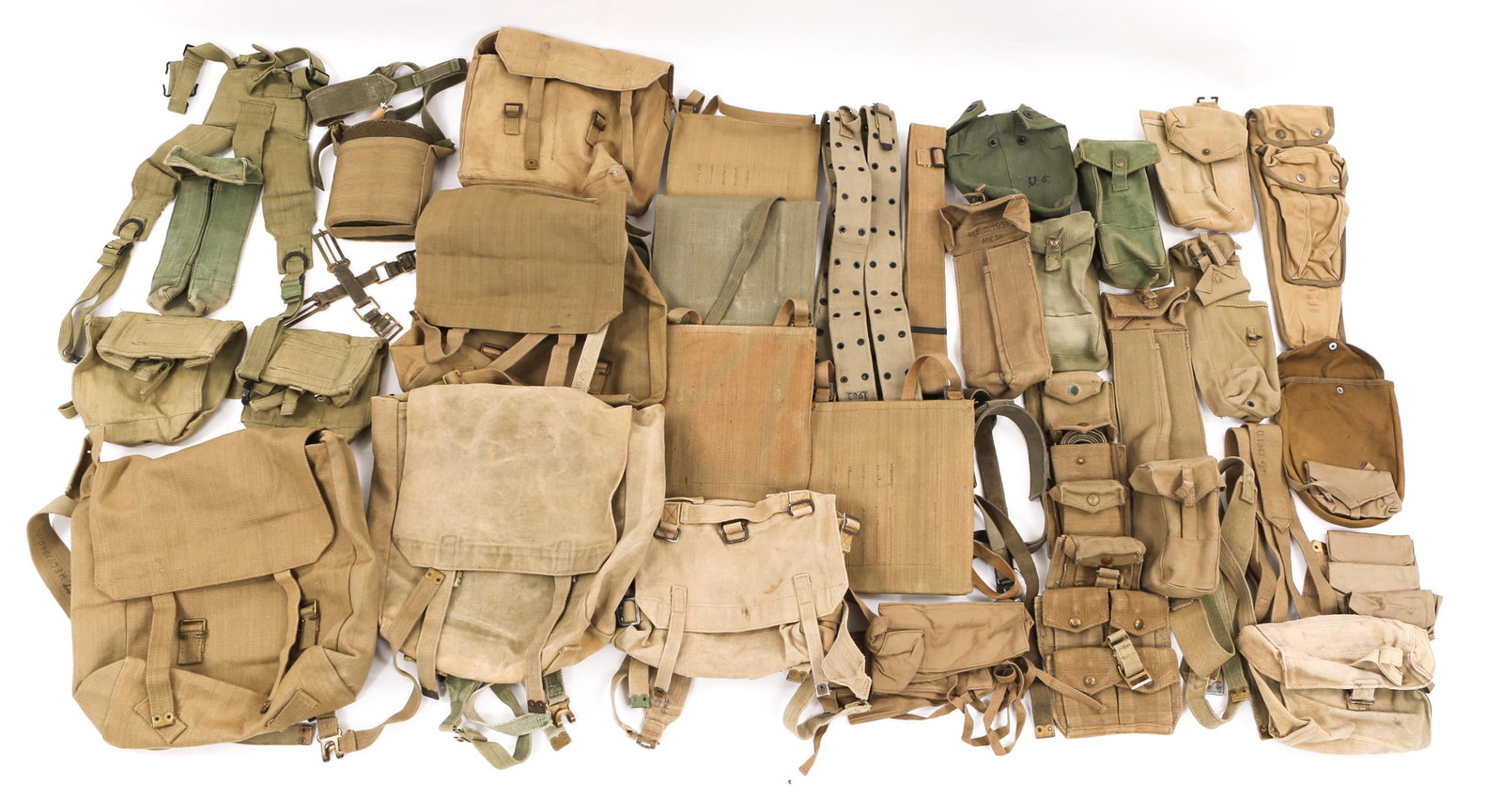 BRITISH WWII - KOREAN WAR ERA FIELD GEAR LOT: BRITISH WWII - KOREAN WAR ERA FIELD GEAR LOT British WWII to Korean War era mixed field gear lot. Canvas ammo pouches, cases, covers, pouches, straps, multiple British map cases dated 1944 and more.