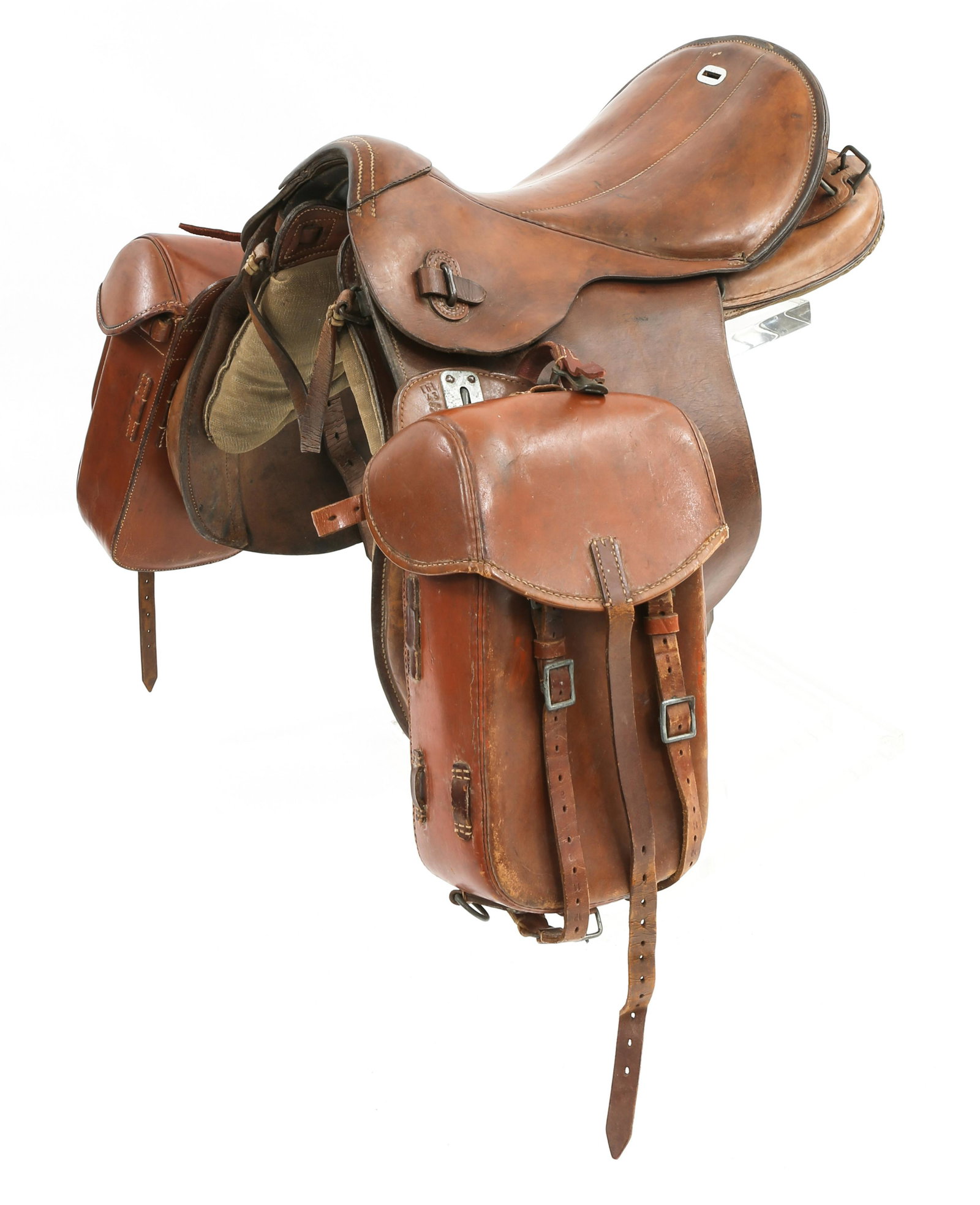 WWII GERMAN CAVALRY SADDLE WITH SADDLE BAGS: WWII GERMAN CAVALRY SADDLE WITH SADDLE BAGS WWII 1942 German cavalry saddle with two saddle bags. Padded brown leather construction. Rear of saddle is marked with "WaA136" Waffenamt. "3 3" & "hoy 42" 