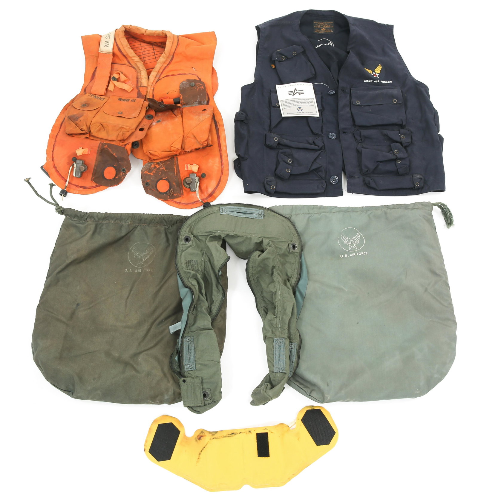 US MILITARY AVIATION SURVIVAL & FLIGHT GEAR LOT: US MILITARY AVIATION SURVIVAL & FLIGHT GEAR LOT US military aviation survival and flight gear lot. Multiple USAF pilot's flight helmet bags, USN Buweps Mark 2 survival vest / life preserver (NASA), mo
