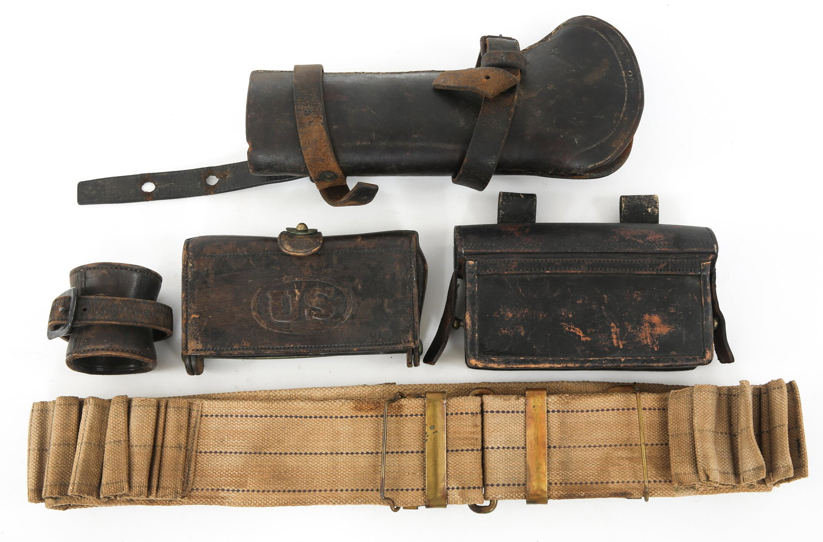 19TH C. US ARMY INFANTRY & CAVALRY FIELD GEAR LOT: 19TH C. US ARMY INFANTRY & CAVALRY FIELD GEAR LOT Indian Wars to Spanish American War era, US Army Infantry & Cavalry Field Gear Lot. Includes: (1) M1887 Cavalry Carbine Boot Scabbard (marked "20" at 