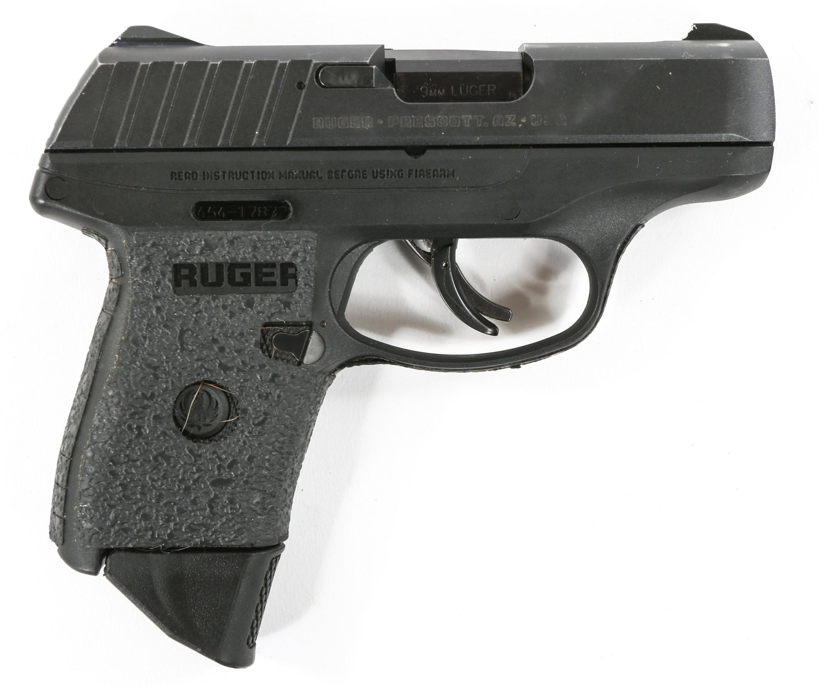RUGER MODEL EC9S 9mm SEMI AUTOMATIC PISTOL: RUGER MODEL EC9S 9mm SEMI AUTOMATIC PISTOL Ruger EC9s 9mm Semi Automatic Pistol. Blued finish. Rubberized grip. Hand painted fixed sights. Trigger safety. Single Ruger magazine. Original manufacturer 