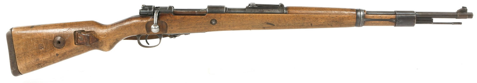 WWII GERMAN MAUSER "byf 43" K98 8mm RIFLE: WWII GERMAN MAUSER "byf 43" K98 8mm RIFLE WWII German Mauser "byf 43" model K98 8mm bolt-action rifle. Wooden stock. Blued finish. Leather sling. Bayonet lug. Adjustable rear sight. Cleaning rod. Rece