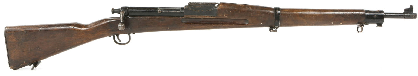 WWII USN PARRIS-DUNN MARK 1 DUMMY TRAINING RIFLE: WWII USN PARRIS-DUNN MARK 1 DUMMY TRAINING RIFLE WWII USN Parris-Dunn Mark 1-USN bolt-action (Non-Firing) Dummy Training Rifle. Wooden stock. Black painted finish. Sling swivels. Functioning bolt, and