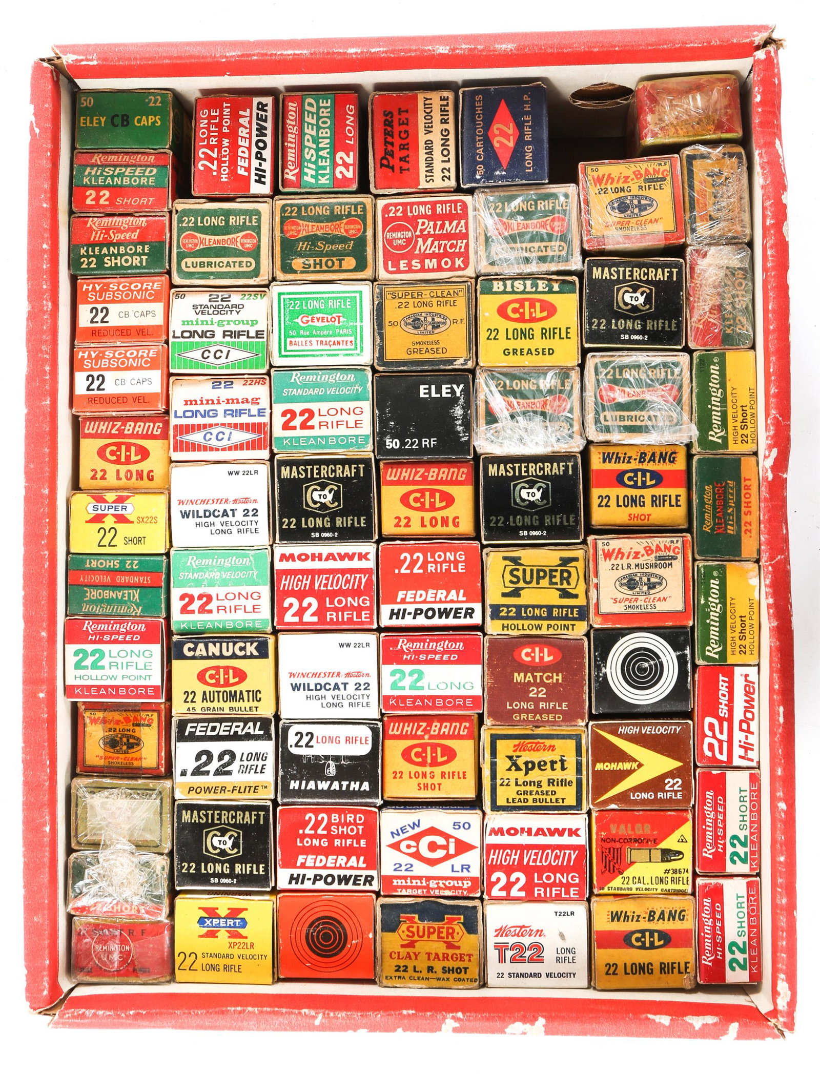 VINTAGE .22 CALIBER AMMUNITION: VINTAGE .22 CALIBER AMMUNITION Large lot of Vintage .22 Caliber Ammunition. 71 total boxes. Most boxes are complete, some are partially complete. Caliber / Gauge: .22 S-L-LR