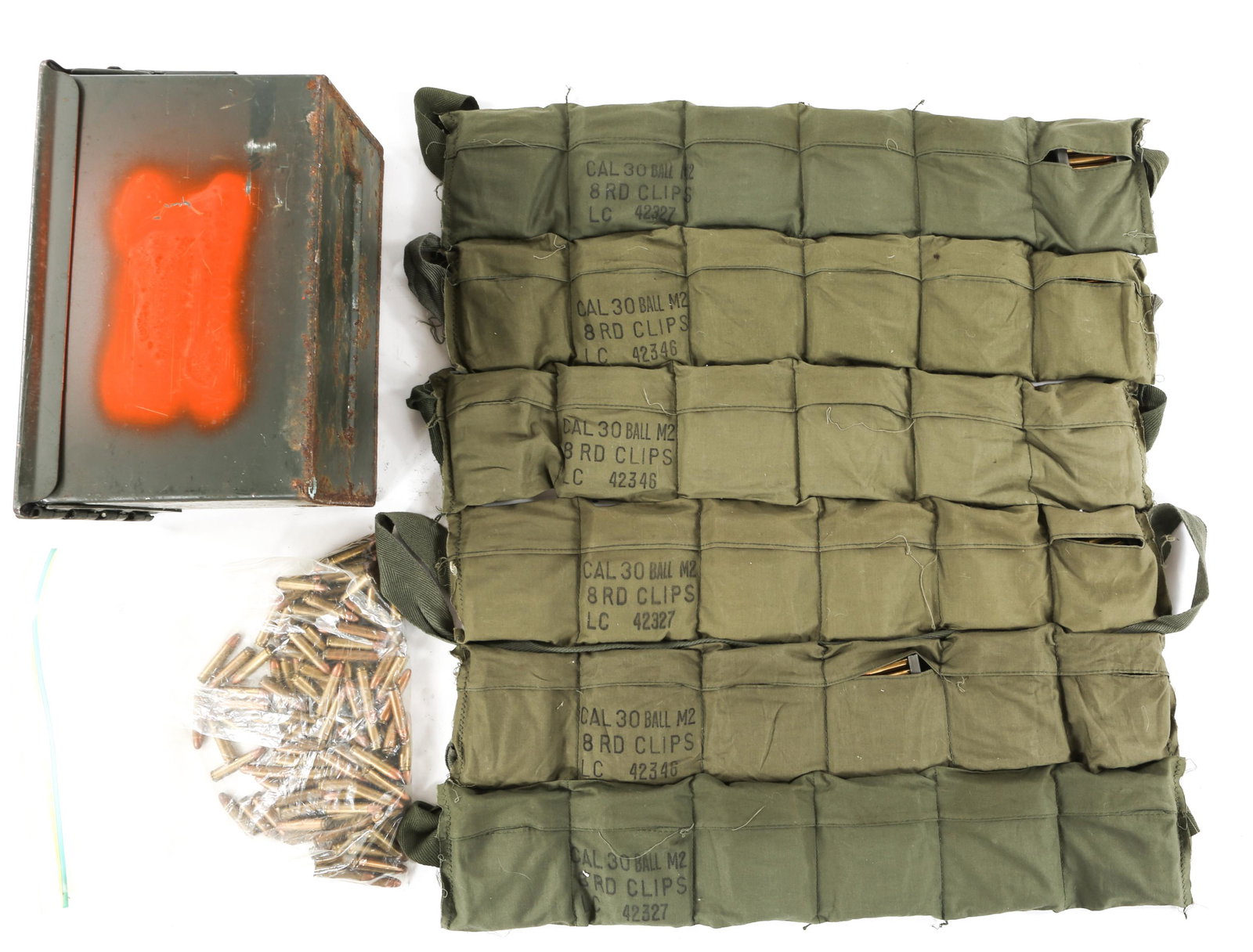 VIETNAM WAR US ARMY .30 CAL M1 CARBINE AMMUNITION: VIETNAM WAR US ARMY .30 CAL M1 CARBINE AMMUNITION Vietnam War Era US Army .30 Cal M1 Carbine ammo & bandolier lot. (6) OD Green bandoliers which are all full with 8RD stripper clips, bandoliers marked