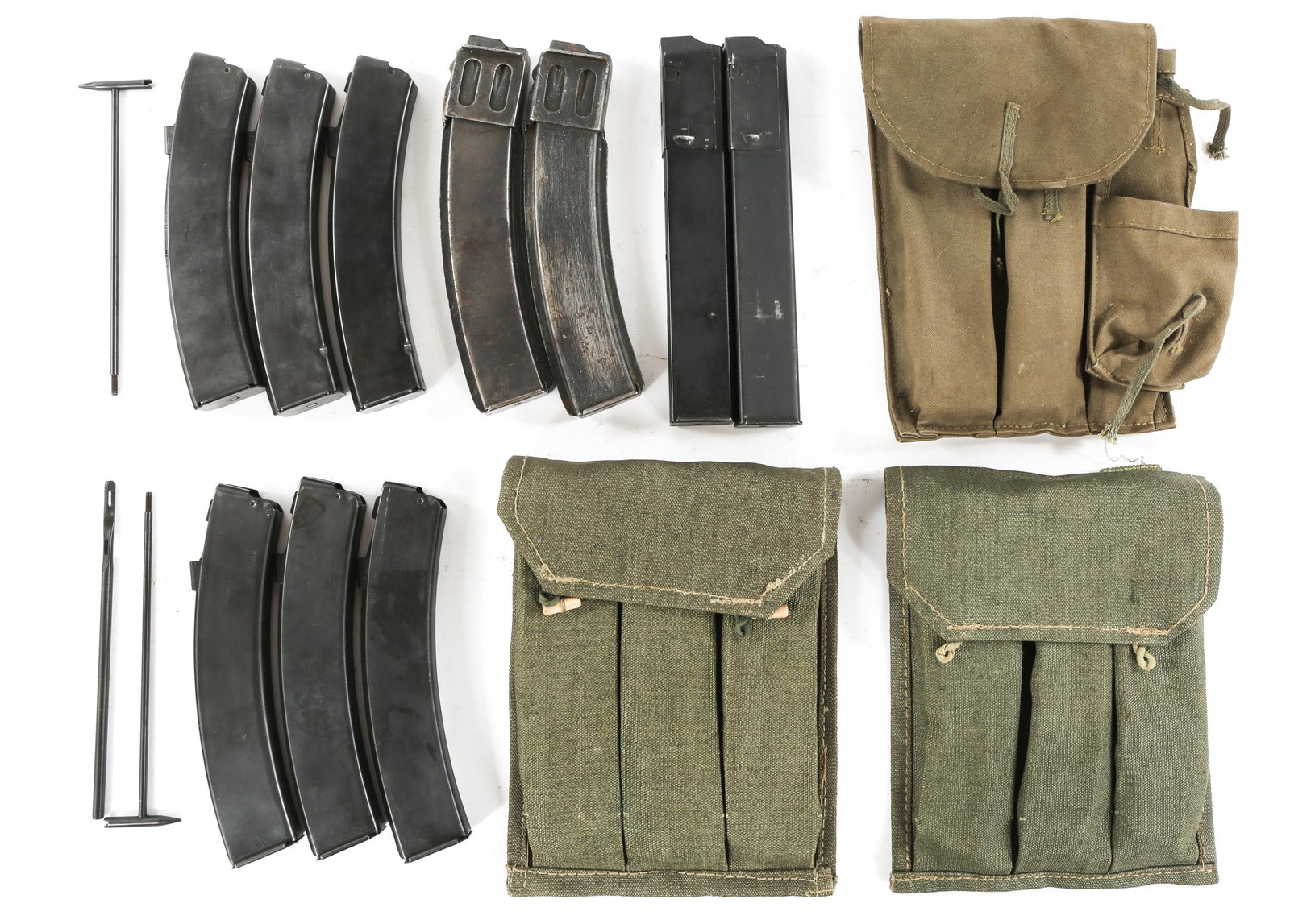 RUSSIAN PPSh-41 AND PPS-43 MAGAZINE LOT OF 10: RUSSIAN PPSh-41 AND PPS-43 MAGAZINE LOT OF 10 Russian PPSh-41 and PPS-43 Magazine Lot of 10. Two PPSh-41 magazines, six PPS-43 magazines with cleaning rod and canvas magazine pouch, and two Sten magaz
