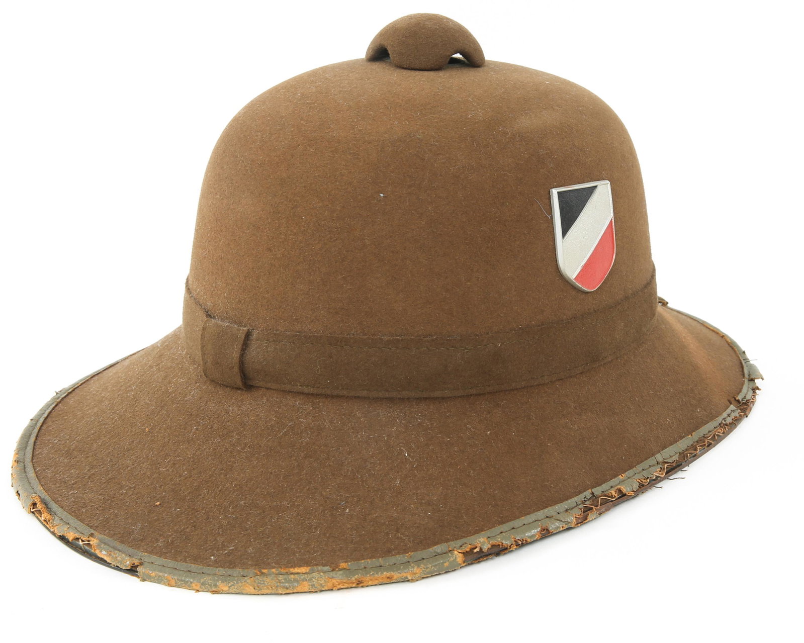 WWII GERMAN ARMY 2nd PATTERN PITH HELMET: WWII GERMAN ARMY 2nd PATTERN PITH HELMET WWII German Army 2nd pattern pith helmet. Dark brown felt outer covering with double shield insignia. Leather sweatband embossed with the manufacture logo "JHS