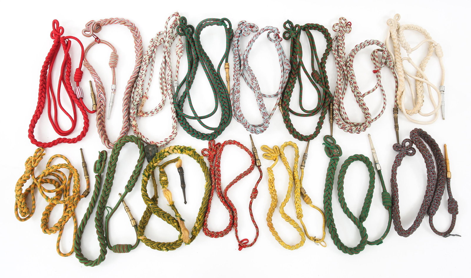 WWII - COLD WAR FRENCH ARMY FOURRAGERE LOT OF 15: WWII - COLD WAR FRENCH ARMY FOURRAGERE LOT OF 15 Mixed lot of 15 medal fourrageres. (1) Legion D'honneur. (3) Military Medal. (4) 1914-1918 Croix de Guerre. (1) 1939 Croix de Guerre. (5) T.O.E. Medal.
