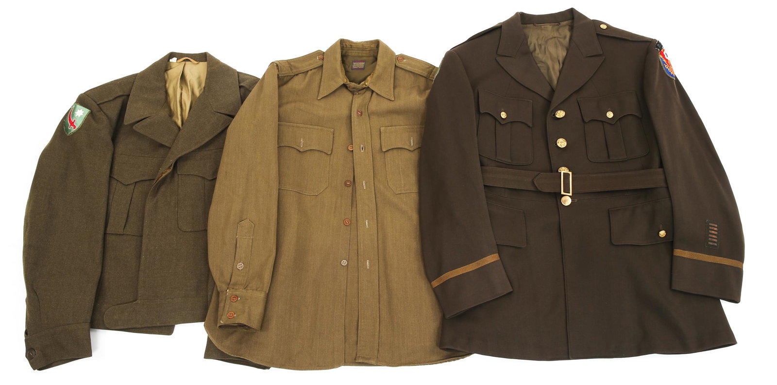 WWII US ARMY IKE JACKET & NAMED TUNIC LOT OF 3: WWII US ARMY IKE JACKET & NAMED TUNIC LOT OF 3 WWII US Army Ike Jackets and Shirt Lot of 3. (1) OD green regulation officer's shirt, 100% pure wool. (1) Class A Green tunic by Hart Schaffner & Marx, n