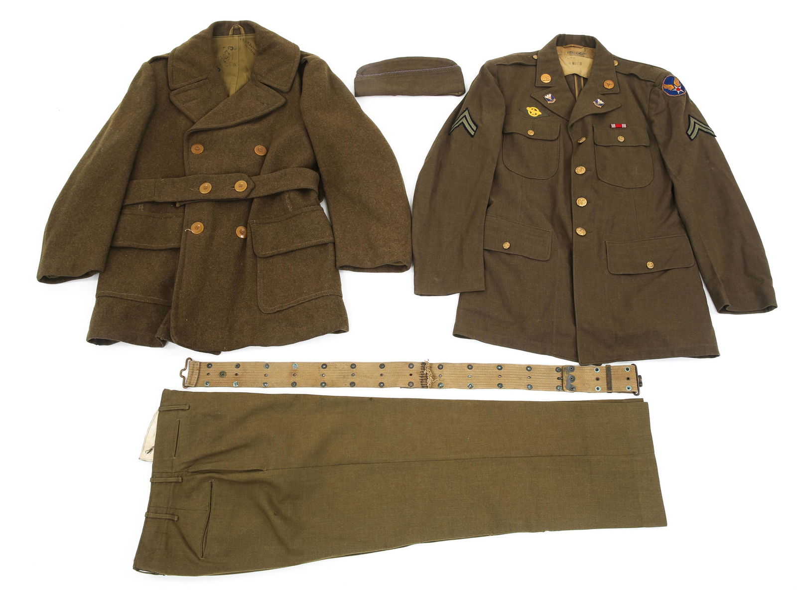 WWII US ARMY AIR FORCE CORPORAL UNIFORM SET: WWII US ARMY AIR FORCE CORPORAL UNIFORM SET WWII US Army Air Force Corporal dress uniform set. (1) 4 pockets tunic dated 1942, size 39L with Medical Corps collar insignia, patches, DUI crest. Overseas