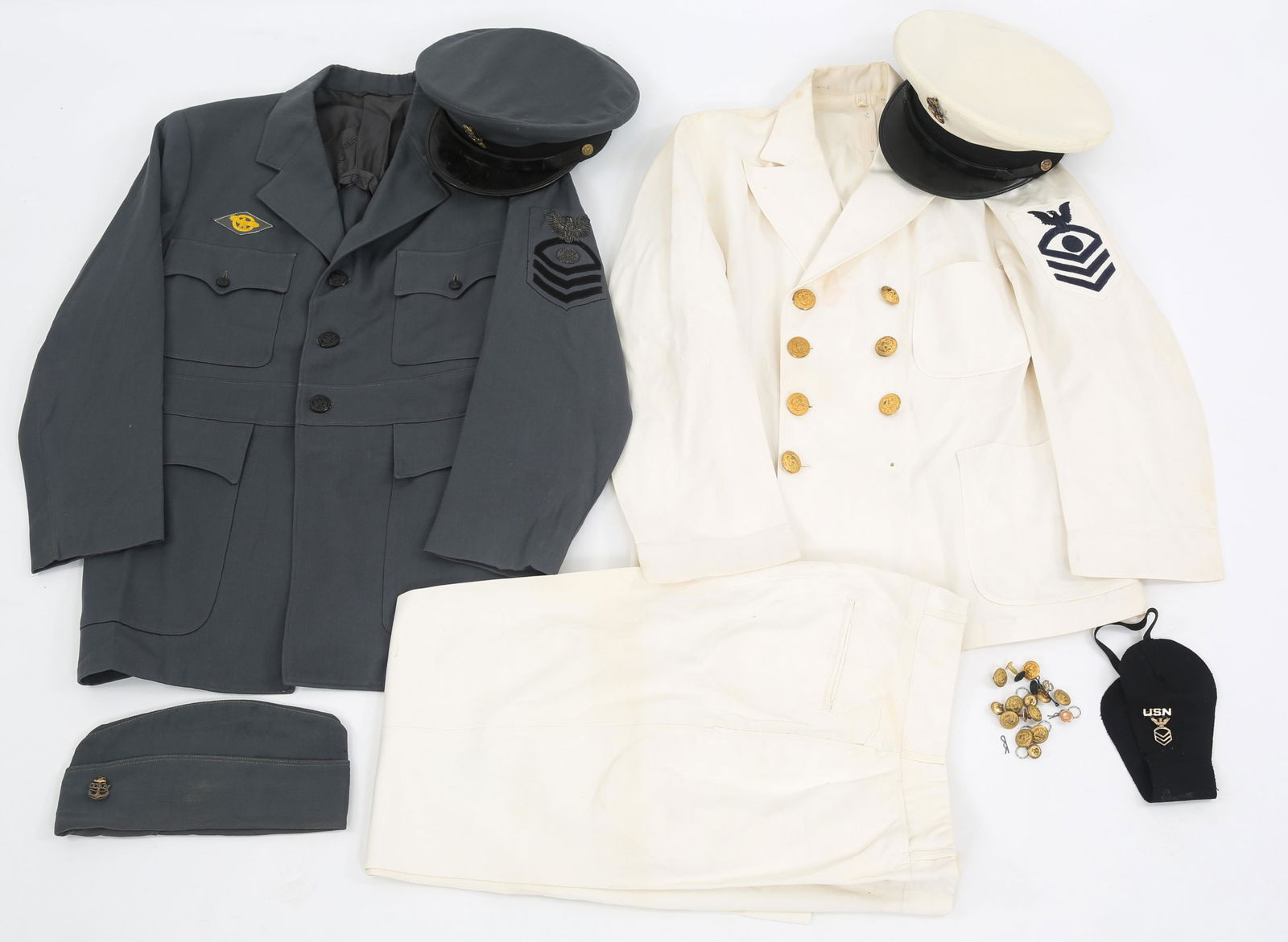 WWII US NAVY CPO's NAMED DRESS UNIFORM LOT OF 2: WWII US NAVY CPO's NAMED DRESS UNIFORM LOT OF 2 WWII US Navy CPO's dress uniforms lot. Named to "O.J. Schmoeger". (1) WWII US Navy CPO "Electrician" Gray tunic with heavy bullion embroidered patch, Ov