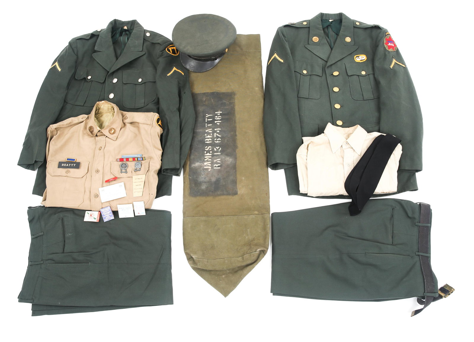 EARLY VIETNAM WAR ERA US ARMY NAMED UNIFORM LOT: EARLY VIETNAM WAR ERA US ARMY NAMED UNIFORM LOT Early Vietnam War era US Army uniforms lot. (1) PFC "James Beatty" dress green uniform set, tunic, khaki summer shirt with patch, collar insignia and ri
