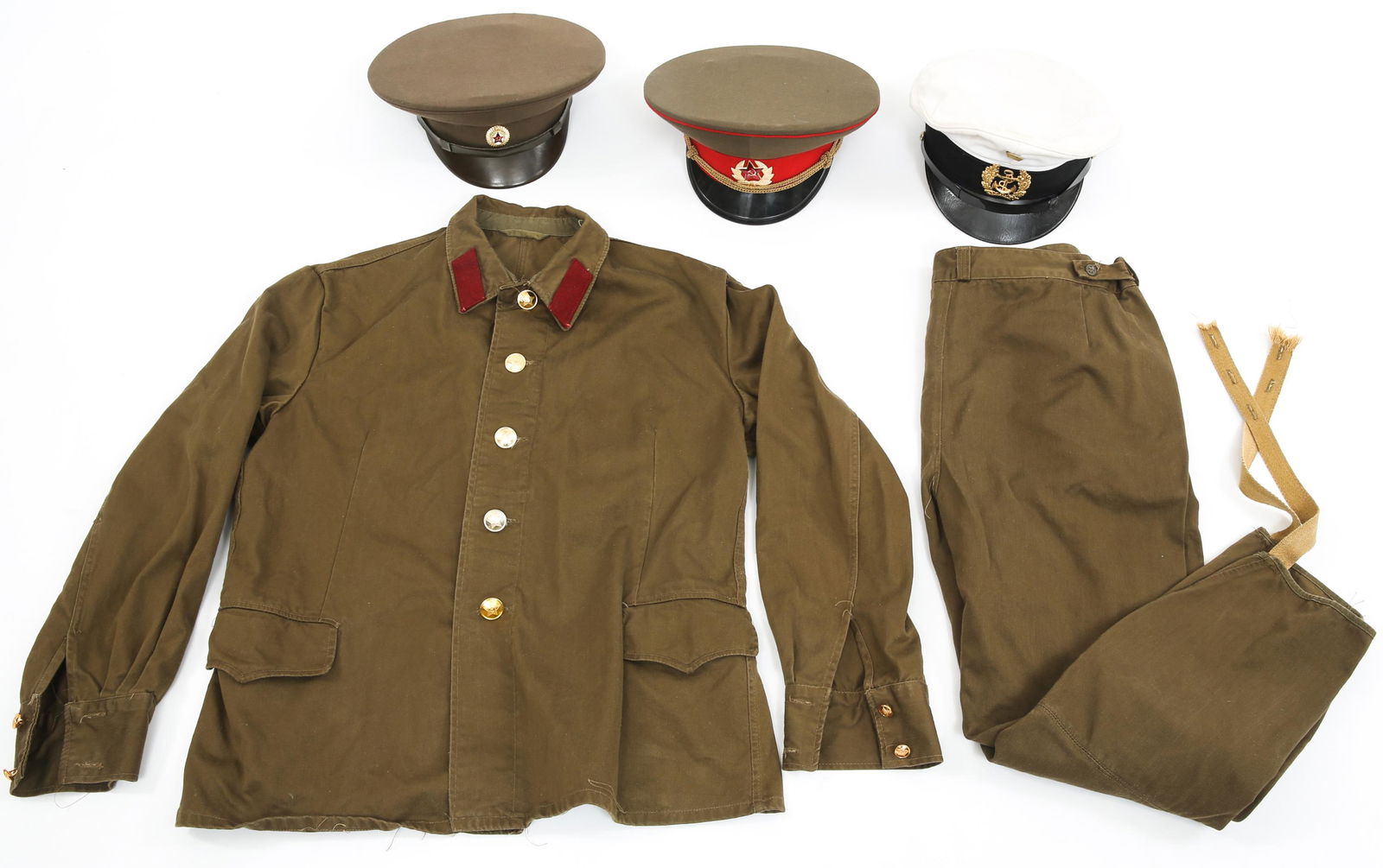 USSR SOVIET MILITARY UNIFORM & VISORS LOT: USSR SOVIET MILITARY UNIFORM & VISORS LOT USSR Soviet Military Uniform and Visors Lot. (3) Three Visors, Navy & Army. (1) Service Uniform shirt with collar tabs. (1) Service Uniform Trousers.