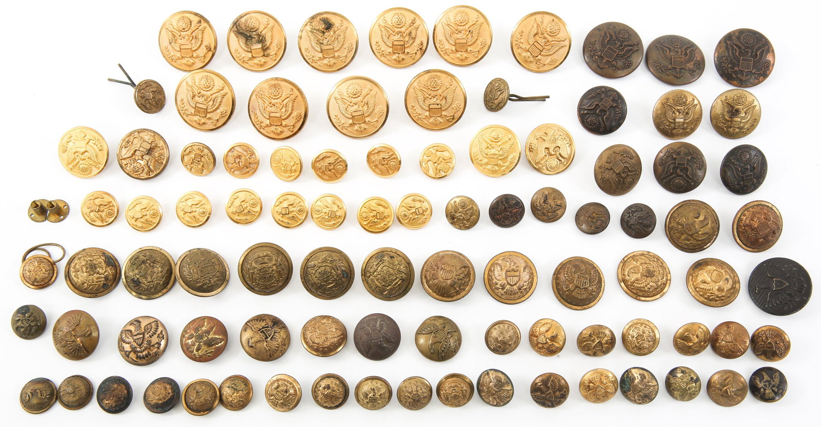 US ARMY BRASS UNIFORM BUTTONS LOT: US ARMY BRASS UNIFORM BUTTONS LOT Lot of Mixed US Army Brass Uniform buttons. Coat, Tunic, cuff and other buttons. Some of the manufacturers are Waterbury Button Co., A.P. Davis, Horstmann and more.
