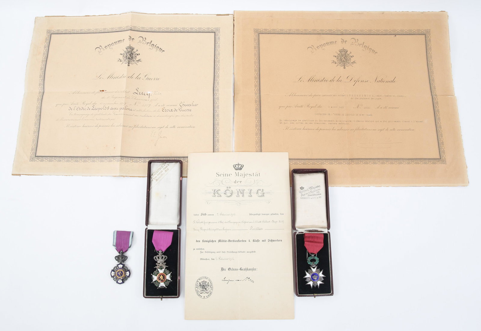 BELGIUM ORDER MEDALS & CERTIFICATES LOT: BELGIUM ORDER MEDALS & CERTIFICATES LOT Lot of Belgium Medals and Certificates. (1) Order of Leopold with swords, Military Knight, Officer leather case. (1) Order of the Crown with leather case. (1) O