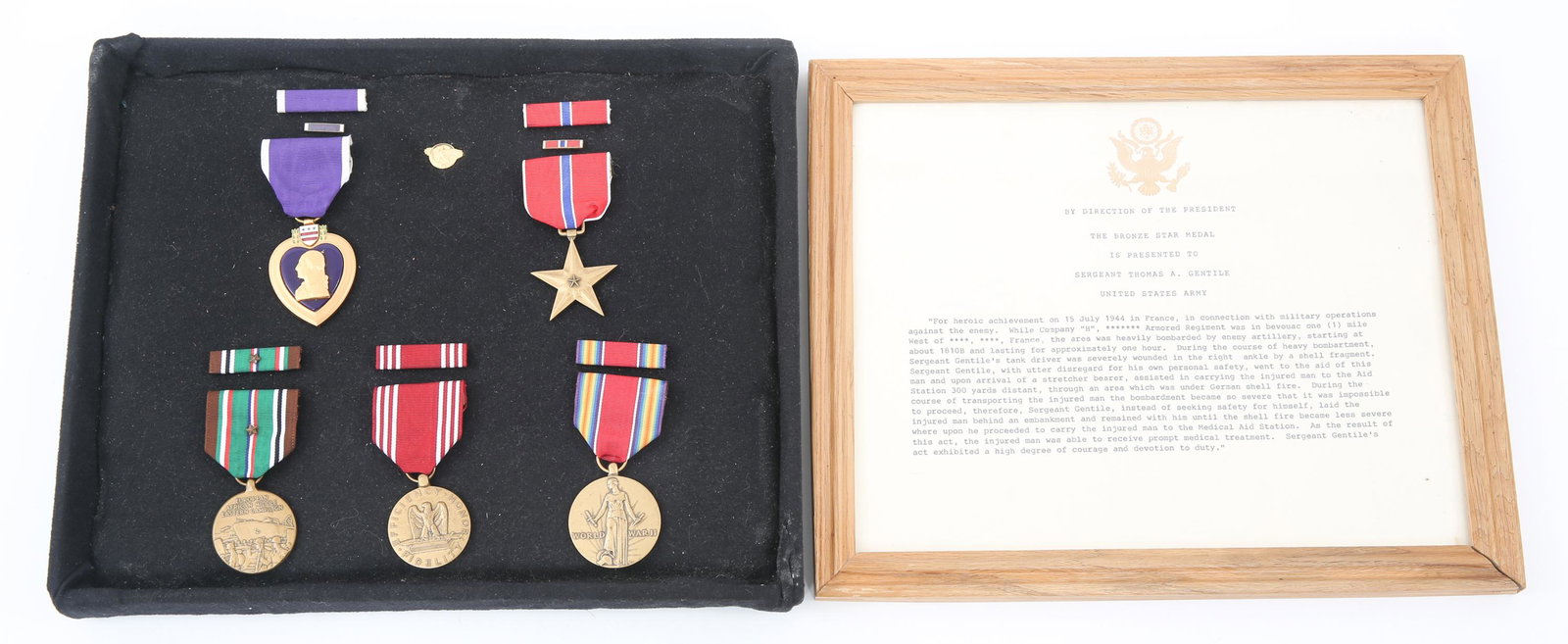WWII US ARMY NAMED POST WAR RE-ISSUED MEDALS LOT: WWII US ARMY NAMED POST WAR RE-ISSUED MEDALS LOT WWII US Army Named Post War Re-Issued Medals Lot. Named to "Sergeant Thomas A. Gentile". (1) Framed Bronze Star Medal Document which details the circum