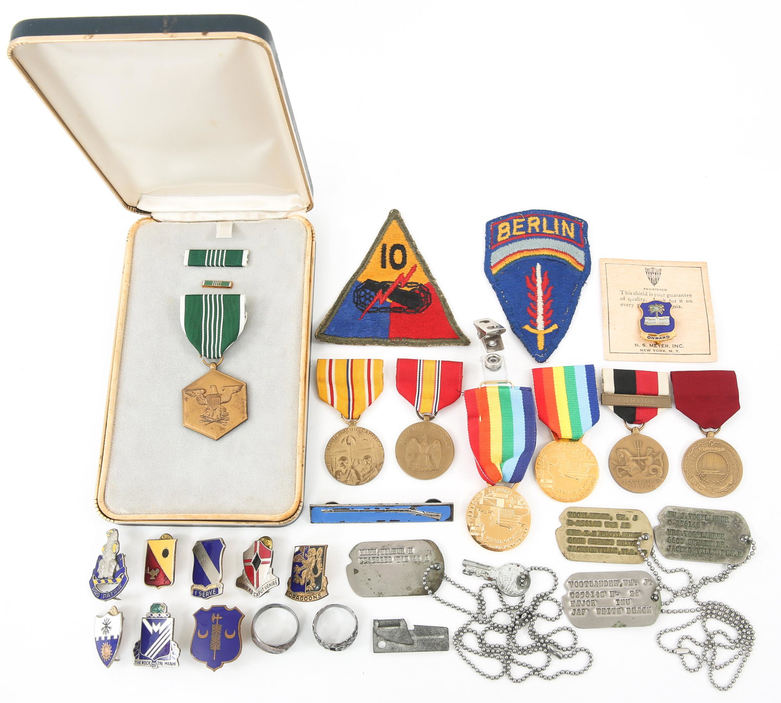 WWII TO POST WAR US ARMY MEDALS PATCHES & PINS LOT: WWII TO POST WAR US ARMY MEDALS PATCHES & PINS LOT WWII to Post War era US Army Medals Patches and Pins lot. Asiatic - Pacific Campaign, National Defense, and Army of Occupation medals. Multiple dog t