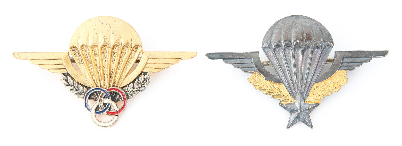FRENCH ARMY PARATROOPER JUMP WINGS LOT OF 2: FRENCH ARMY PARATROOPER JUMP WINGS LOT OF 2 Lot of 2 French Paratrooper jump wings. (1) French Parachutist qualification wing, unmarked, unnumbered. (1) French Parachutist Instructor wings, gilded & e