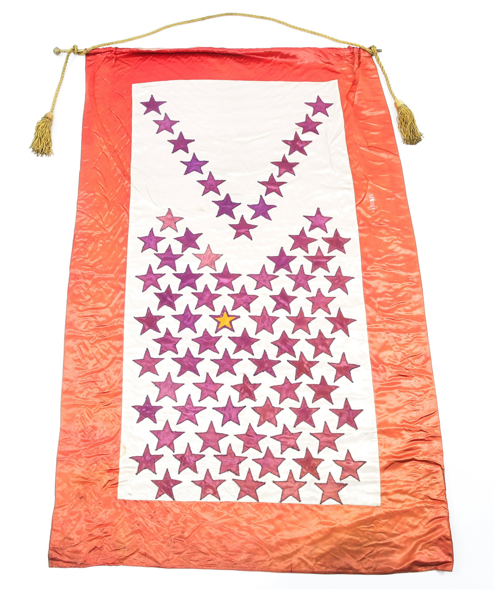 WWII US ARMED FORCES SERVICE FLAG SINGLE GOLD STAR: WWII US ARMED FORCES SERVICE FLAG SINGLE GOLD STAR WWII era US Armed Forces City Service Flag with single gold star. Silk construction. Gold color hanging cord with metal hanging rod. Measures 36" by 