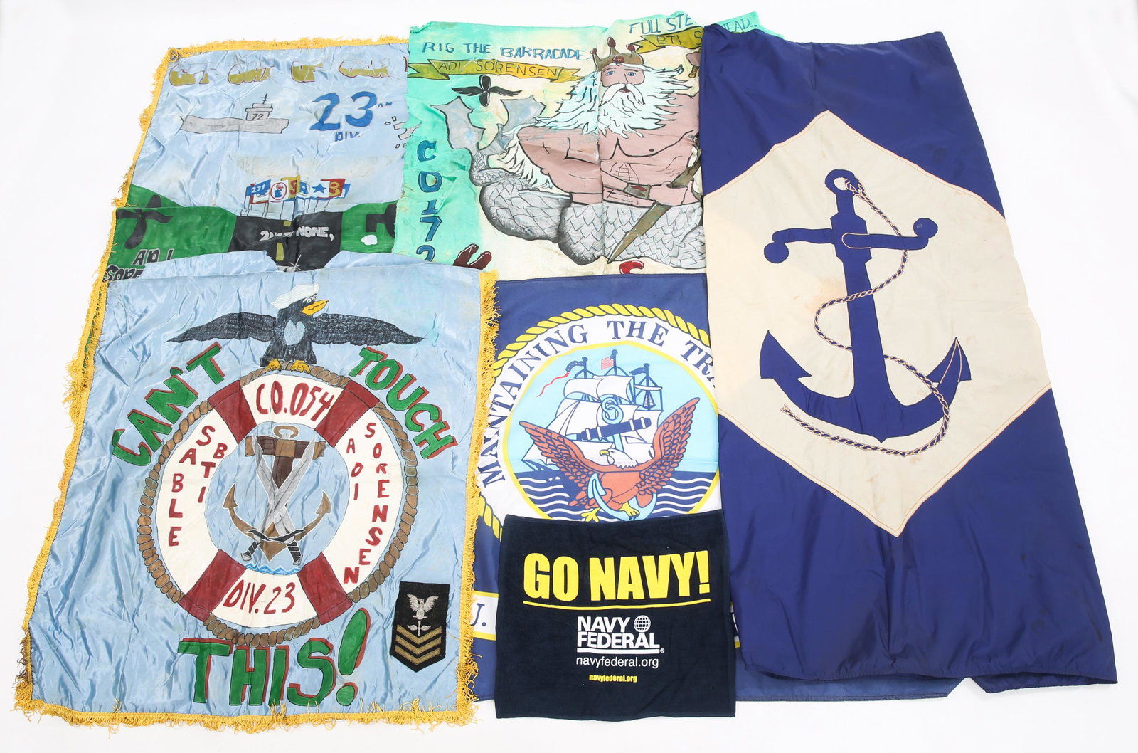 COLD WAR US NAVY SAILORS & OFFICIAL FLAGS LOT: COLD WAR US NAVY SAILORS & OFFICIAL FLAGS LOT Mixed lot of Sailors & Official US Navy Flags. (1) US Navy Infantry battalion flag dated 1959, size 5' x 6'. (3) Custom painted Sailor's unit flags, size 