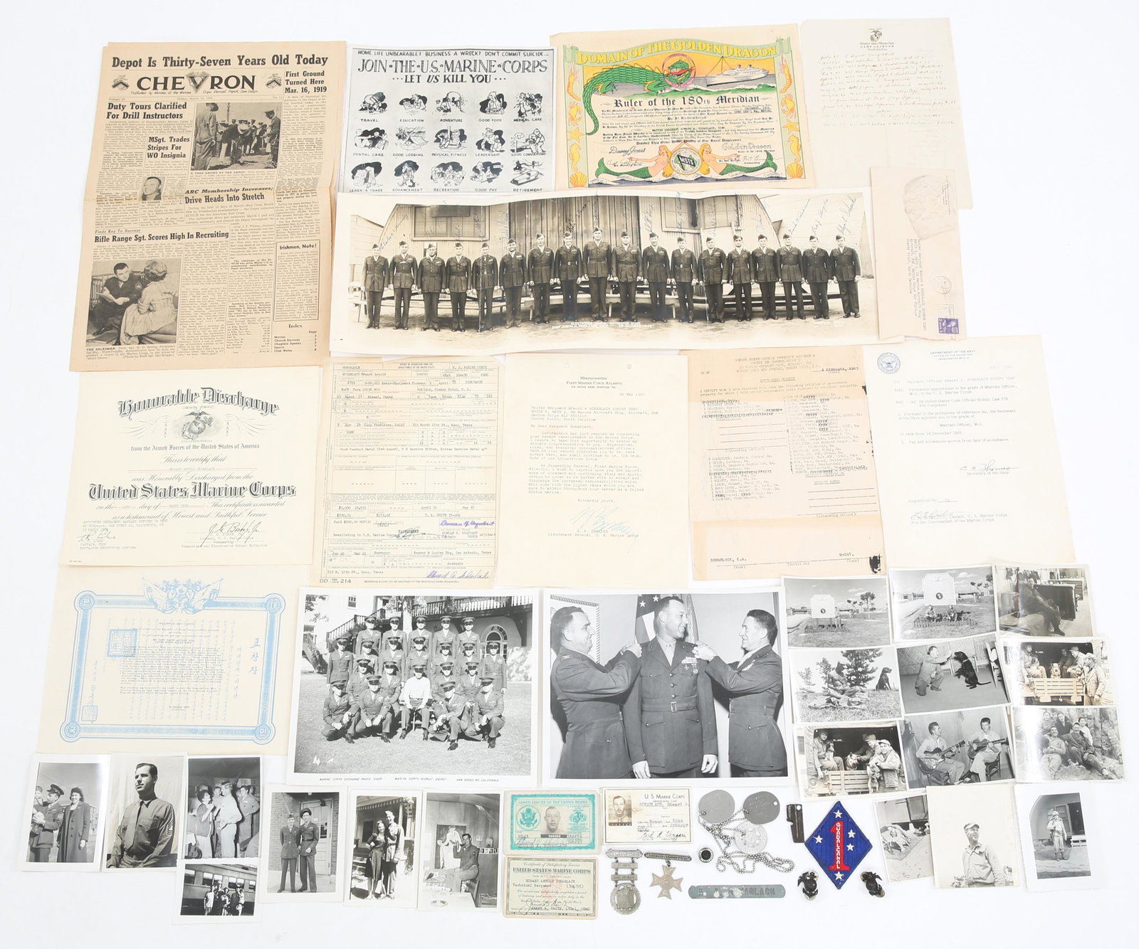 WWII & KOREAN WAR NAMED USMC SERVICE GROUPING: WWII & KOREAN WAR NAMED USMC SERVICE GROUPING WWII & Korean War Named US Marine Corps Veteran's Service Grouping. Named to "Edward Arnold Scharlach" (306295). He began his service in 1941, serving in 