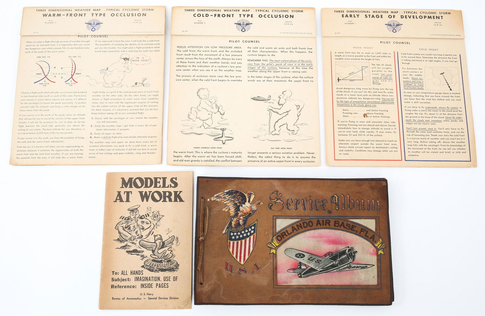 WWII USN AERONAUTIC CYCLONIC STORM MAP & ALBUM LOT: WWII USN AERONAUTIC CYCLONIC STORM MAP & ALBUM LOT WWII US Navy Aeronautic Cyclonic Storm Map & Service Photos Album Lot. Three Dimensional Weather Map - Typical Cyclonic Storm Maps number 1, 2 and 3