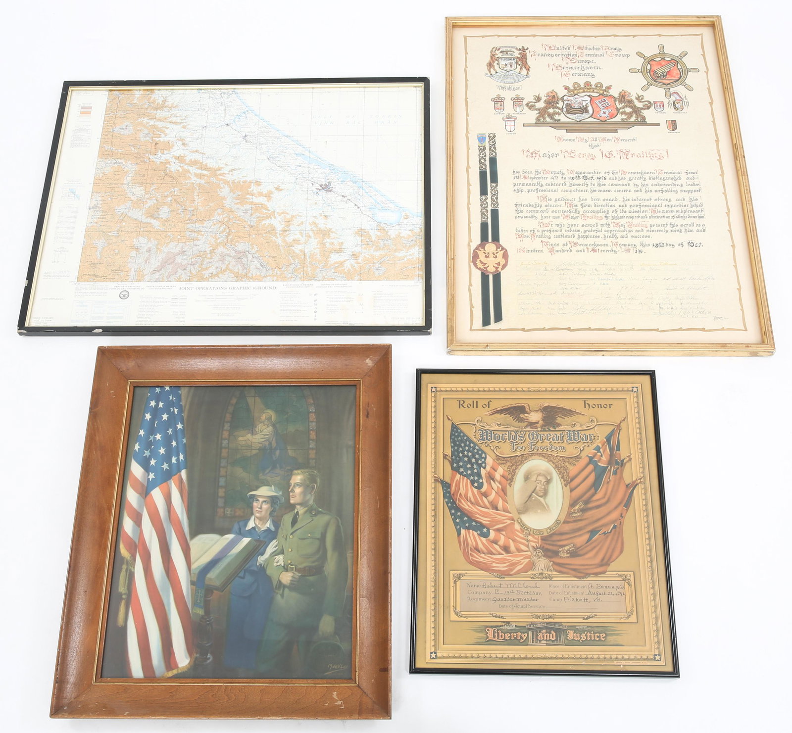WWII - VIETNAM WAR FRAMED US ARMY IMAGES LOT OF 4: WWII - VIETNAM WAR FRAMED US ARMY IMAGES LOT OF 4 WWII to Vietnam War Framed US Army Images, Maps, and Documents / Certificates. (1) WWII Roll of Honor enlistment photo / certificates. Date of enlistm