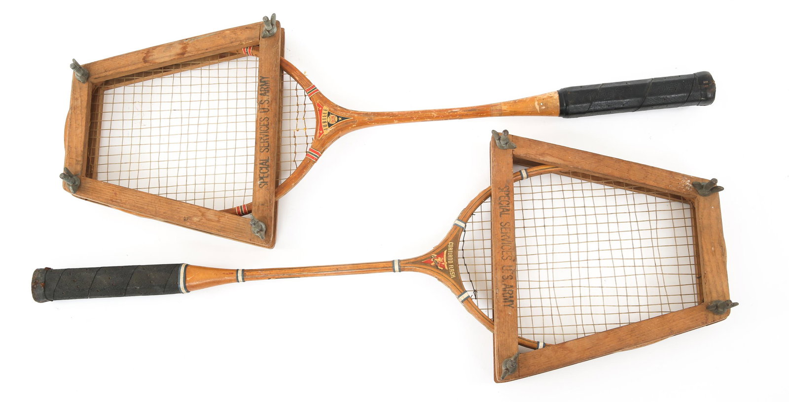 WWII US ARMY SPECIAL SERVICES BADMINTON RACKETS: WWII US ARMY SPECIAL SERVICES BADMINTON RACKETS WWII era US Army Special Services marked badminton rackets. One is maker marked "Cortland flash", the other is maker marked "Jubilee Spalding". Braces a