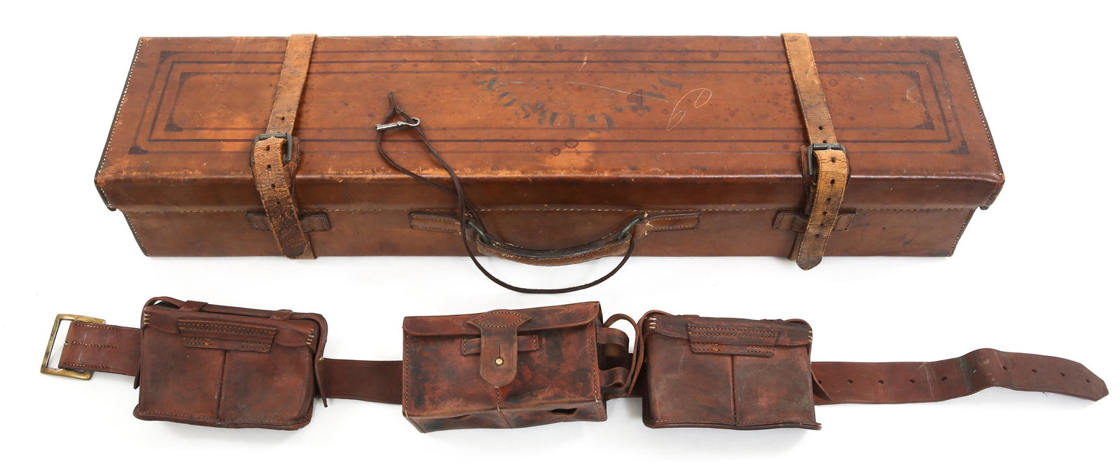 LEATHER GUN CLEANING KIT & BELT WITH POUCHES LOT: LEATHER GUN CLEANING KIT & BELT WITH POUCHES LOT Leather Gun Cleaning Kit & Belt with Pouches lot. (1) Leather gun cleaning kit. Box is marked "JAS. GIBSON" stenciled on the lid. Locking lid with two 