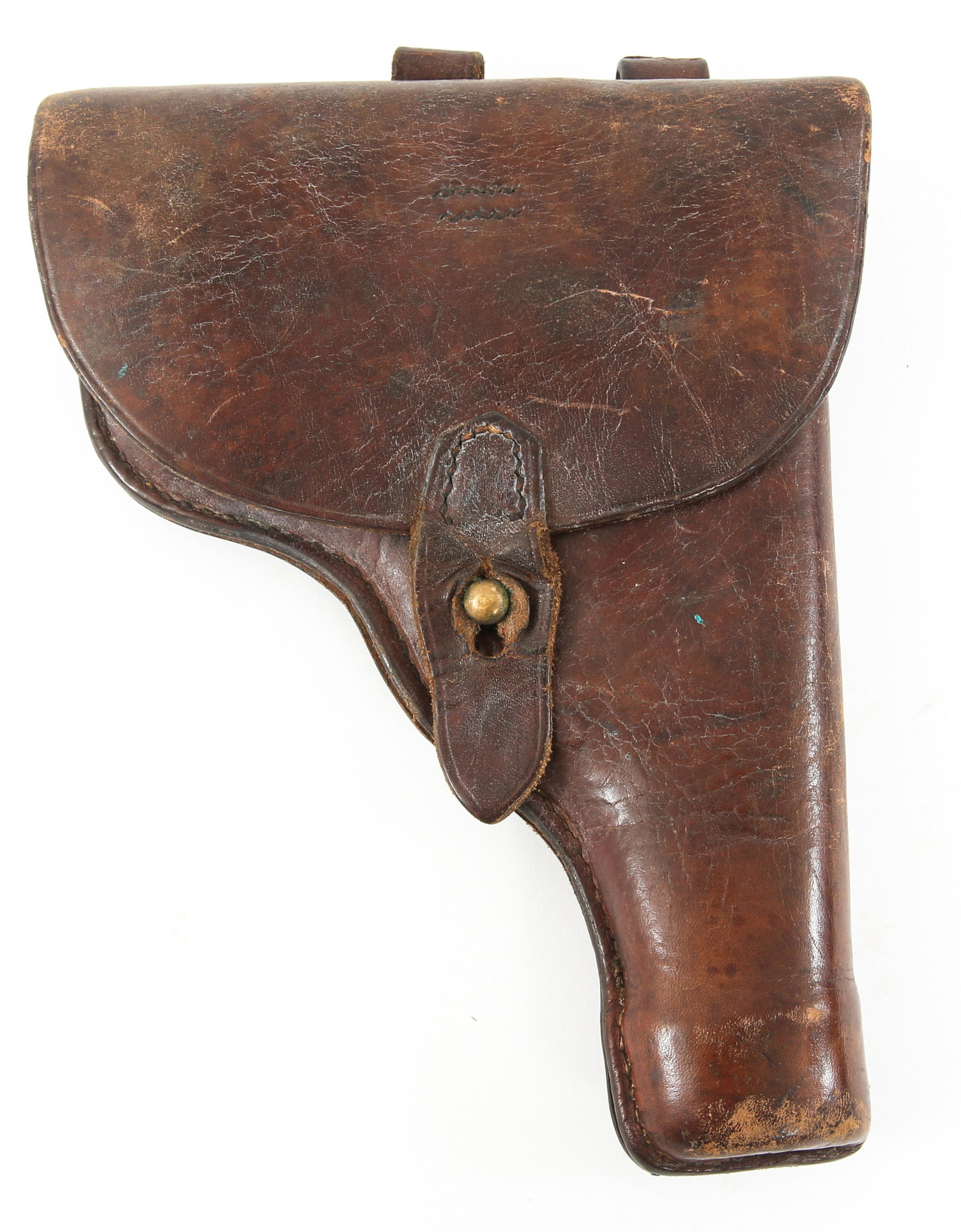 NORWEGIAN M1914 LEATHER PISTOL HOLSTER: NORWEGIAN M1914 LEATHER PISTOL HOLSTER Norwegian Model 1914 Leather Pistol Holster for the Kongsberg Colt M1911 pistol. Brown leather construction. Unmarked with the exception of the name MYERS hand m