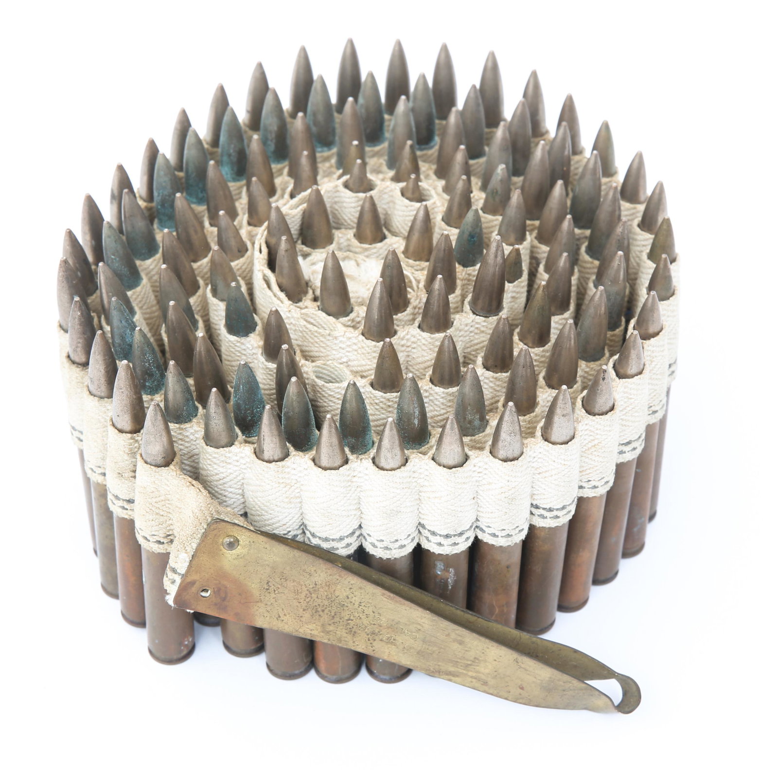 MODEL 1917 BROWNING .30-06 CANVAS AMMO BELT 100RDS: MODEL 1917 BROWNING .30-06 CANVAS AMMO BELT 100RDS M1917 Browning Machine Gun canvas cloth ammo belt of live .30-06 rounds, approximately 100 rounds. Rounds are head stamped "W.R.A .30-.06". Cloth bel