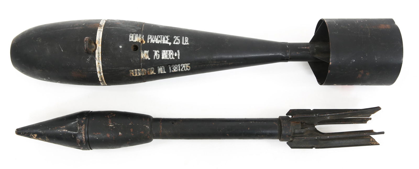 US 25LB PRACTICE BOMB & MORTAR SHELL LOT OF 2: US 25LB PRACTICE BOMB & MORTAR SHELL LOT OF 2 US 25LB MK.76 Mod.1 practice bomb, marked in white stencil. Measures 22.5" long. Mortar round measuring 21.5" in length.