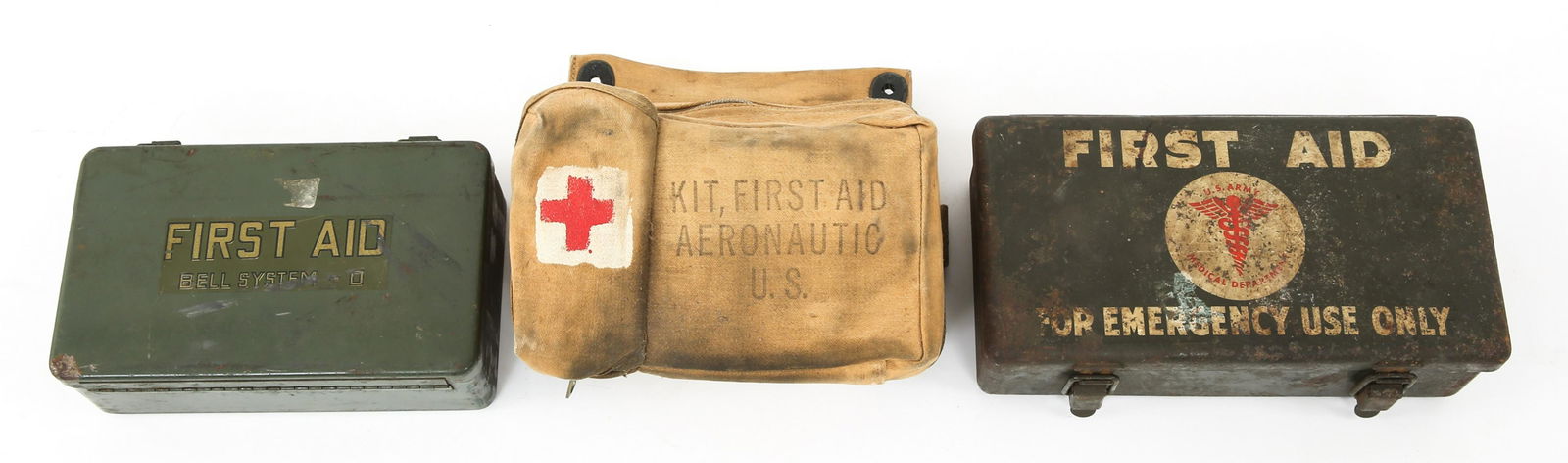 WWII US ARMY FIRST AID KITS LOT OF 3: WWII US ARMY FIRST AID KITS LOT OF 3 WWII US Army First Aid Kits, lot of 3. (1) Aeronautic First Aid Kit in khaki canvas case. Contents are period. (1) First Aid Bell System - D in green metal case. C
