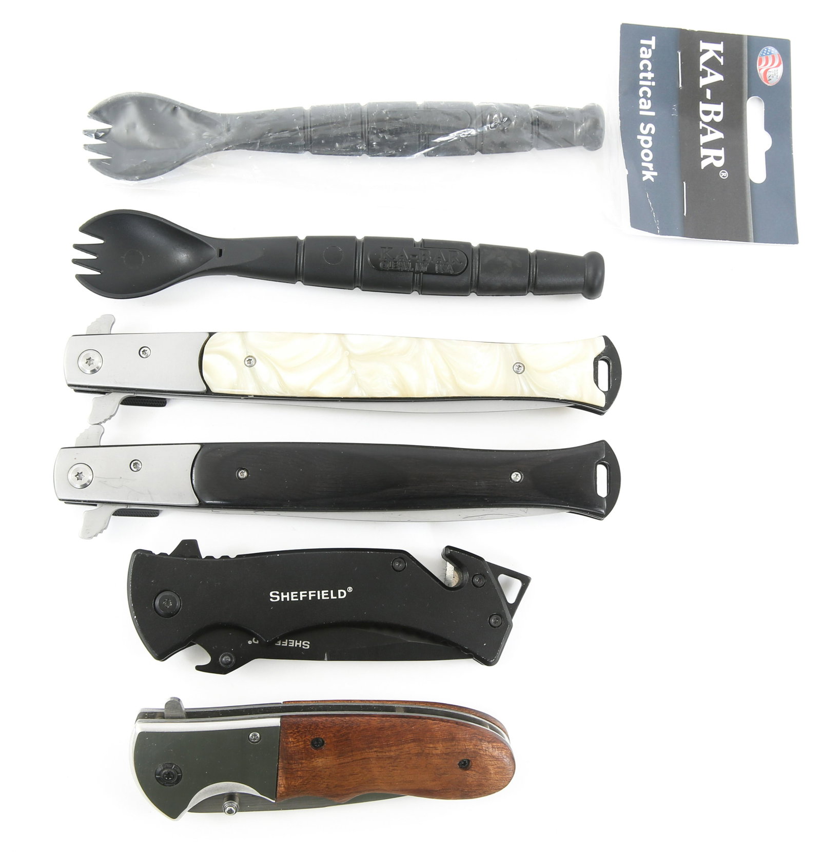 ASSISTED OPEN POCKET KNIVES & SPORKS LOT OF 6: ASSISTED OPEN POCKET KNIVES & SPORKS LOT OF 6 Assisted Open Pocket Knives and Sporks. Lot of 6. (2) Large Stiletto Knives blades marked "Premium Milano Collection" 6" blade, 13" total length when open